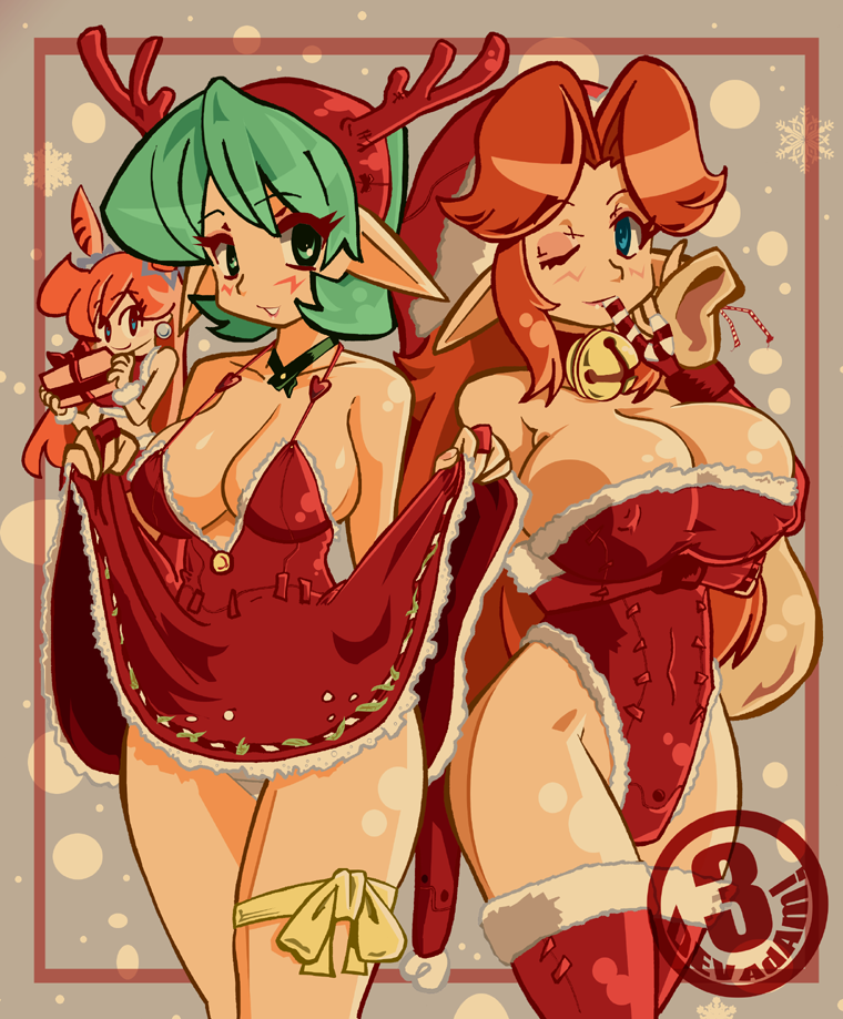 2010 3_dev_adam arm_under_breasts ball_earrings bb bell_collar big_breasts blue_eyes blush boots breasts candy_cane_in_mouth christmas cleavage clothing dress dress_lift elf_ears female female_only green_eyes green_hair huge_breasts jingle_bell kokiri long_hair long_red_hair looking_at_viewer luigi64 malon multiple_girls nintendo ocarina_of_time panties pantyshot present ranch_girl red_boots red_hair reindeer_antlers ribbon ribbon_on_thigh santa_costume saria short_green_hair short_hair straight_hair the_legend_of_zelda thigh_boots thighhighs underwear winking_at_viewer