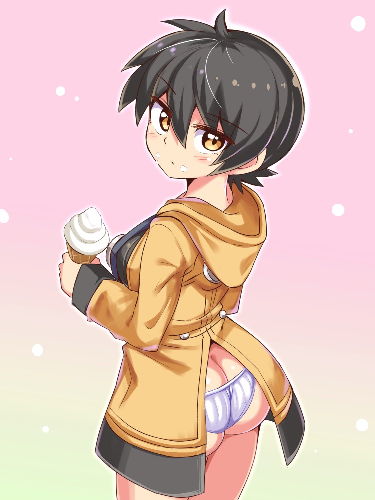 ass, ass cleavage, ass crack, blush, breasts, brown hair, butt crack, cougar1404, female, huge ass, ice cream, large breasts, looking at viewer, nari (cougar 1404), short hair, sideboob, tomboy, underwear, very short hair, yellow eyes