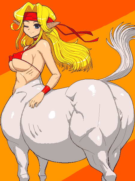 1girls abstract_background aliasing anus ass bandana belly bikini blonde_hair blue_eyes blush breasts centaur centauress erect_nipples female female_only horsepussy large_breasts long_hair looking_at_viewer looking_back mae mae_(shining_force) midriff monster_girl nipples_visible_through_clothing oekaki partially_visible_anus pointy_ears pregnant pussy raised_tail red_bra red_choker red_headband red_wristband ribbon ribbons ribs sega shining_(series) shining_force sideboob solo swimsuit tail taur tenseiani two_tone_background white_fur white_tail wink