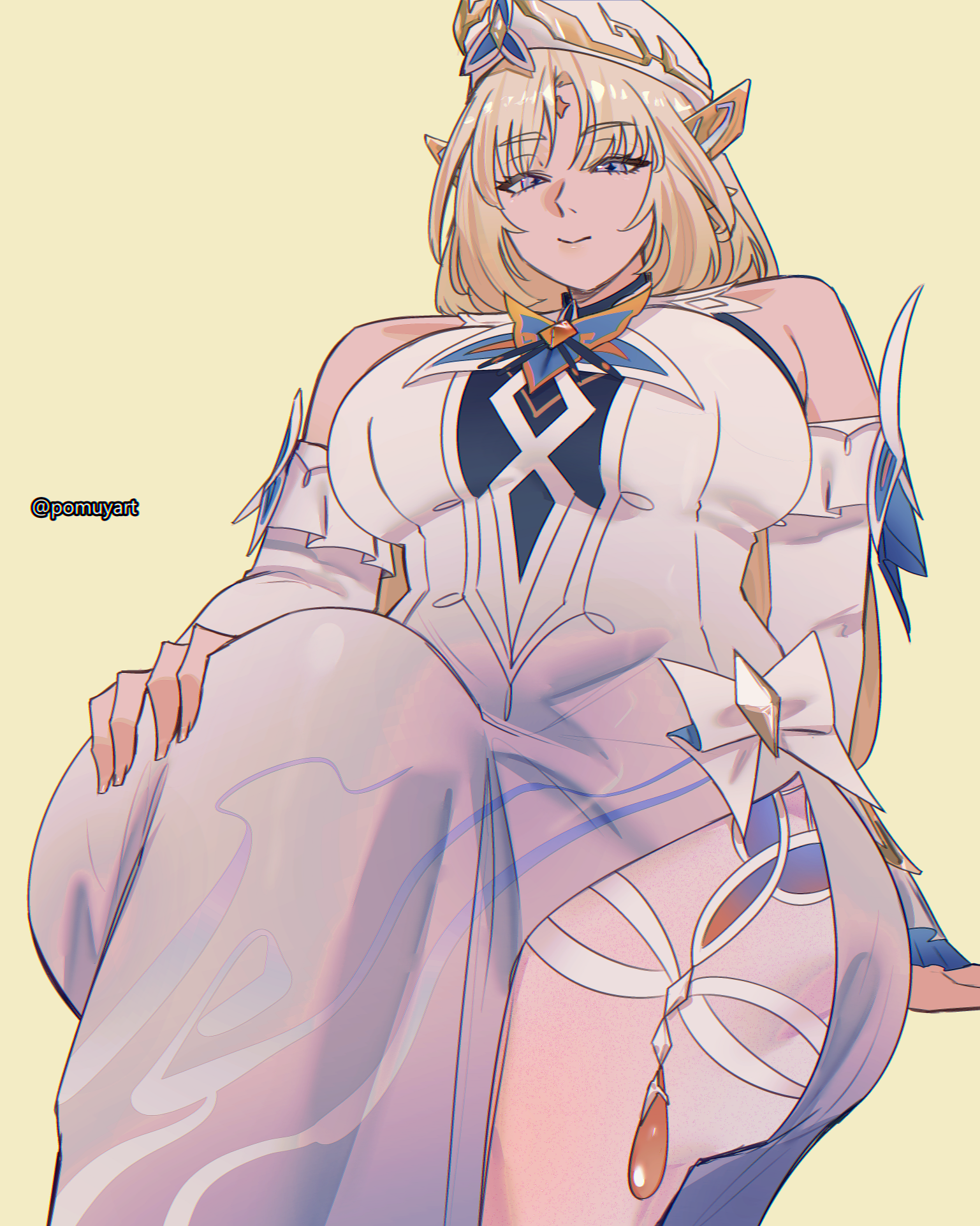 1girls, blonde hair, blue eyes, breasts, clothing, dress, exposed shoulders, fully clothed, genshin impact, hoyoverse, light-skinned female, looking at viewer, mihoyo, nicole reeyn (genshin impact), pomuya, thick thighs, thigh slit, thighs