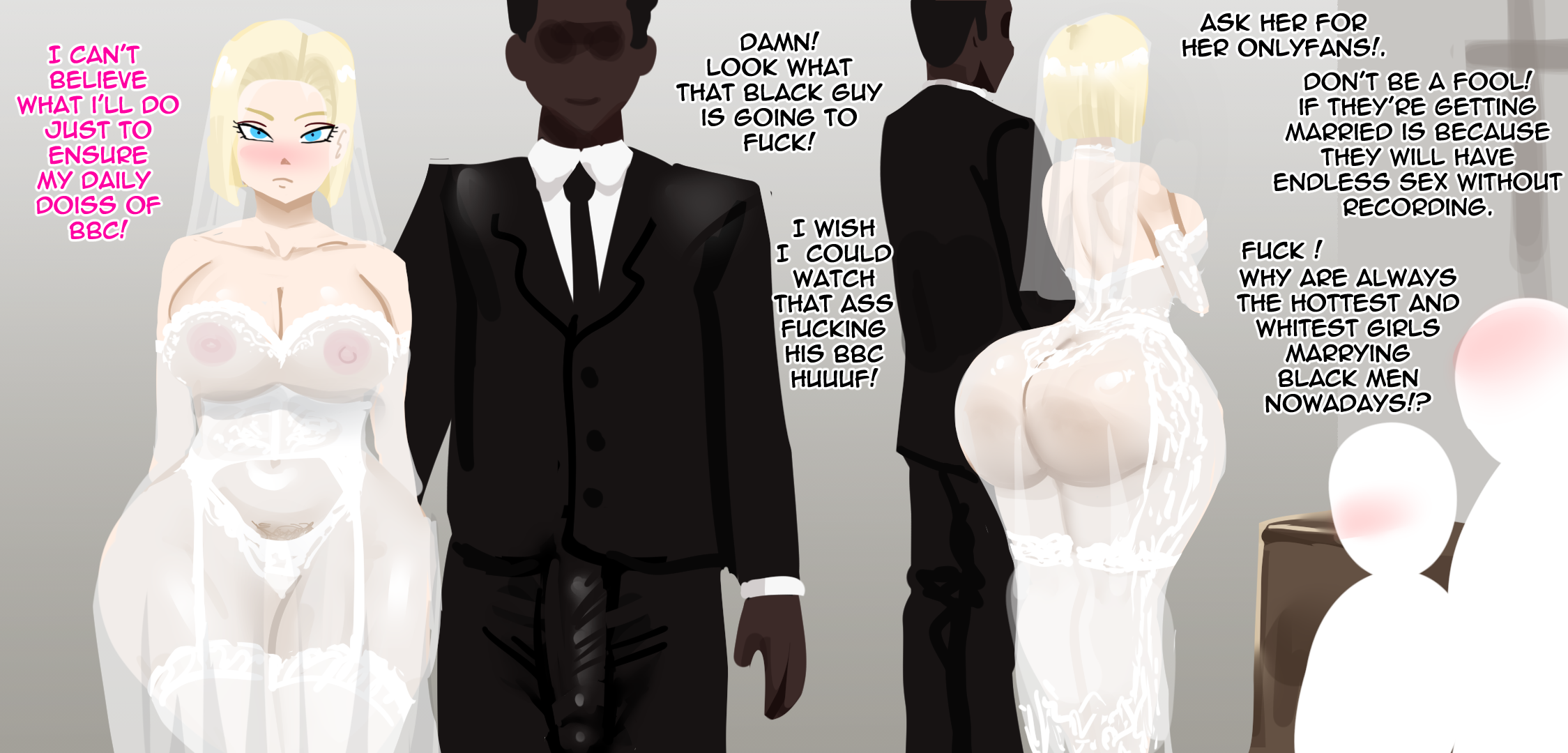 1boy, 1boy1girl, 1girl1boy, 1girls, 2026, 2026s, 2d, afro, afro hair, android, android 18, android girl, artist name, ass, ass bigger than head, big ass, big breasts, big penis, black suit, black suit jacket, black text, black tie, black tie (suit), blacked female, blonde hair, blue eyes, breasts, cheating wife, cuckold, dark skin, dark-skinned male, dragon ball, dragon ball super, dragon ball z, elbow gloves, english, english text, female, femsub, hips wider than shoulders, huge ass, human, human dominating, human dominating humanoid, humanoid, interracial, male, maledom, malesub, marriage, mixedblonde18, netorare, ntr, penetration, penis, penis visible through clothing, pink text, see-through, see-through clothes, see-through clothing, see-through dress, semi nude, short hair, text, wedding, wedding attire, wedding dress, wedding gloves, wedding lingerie, white elbow gloves, wide hips