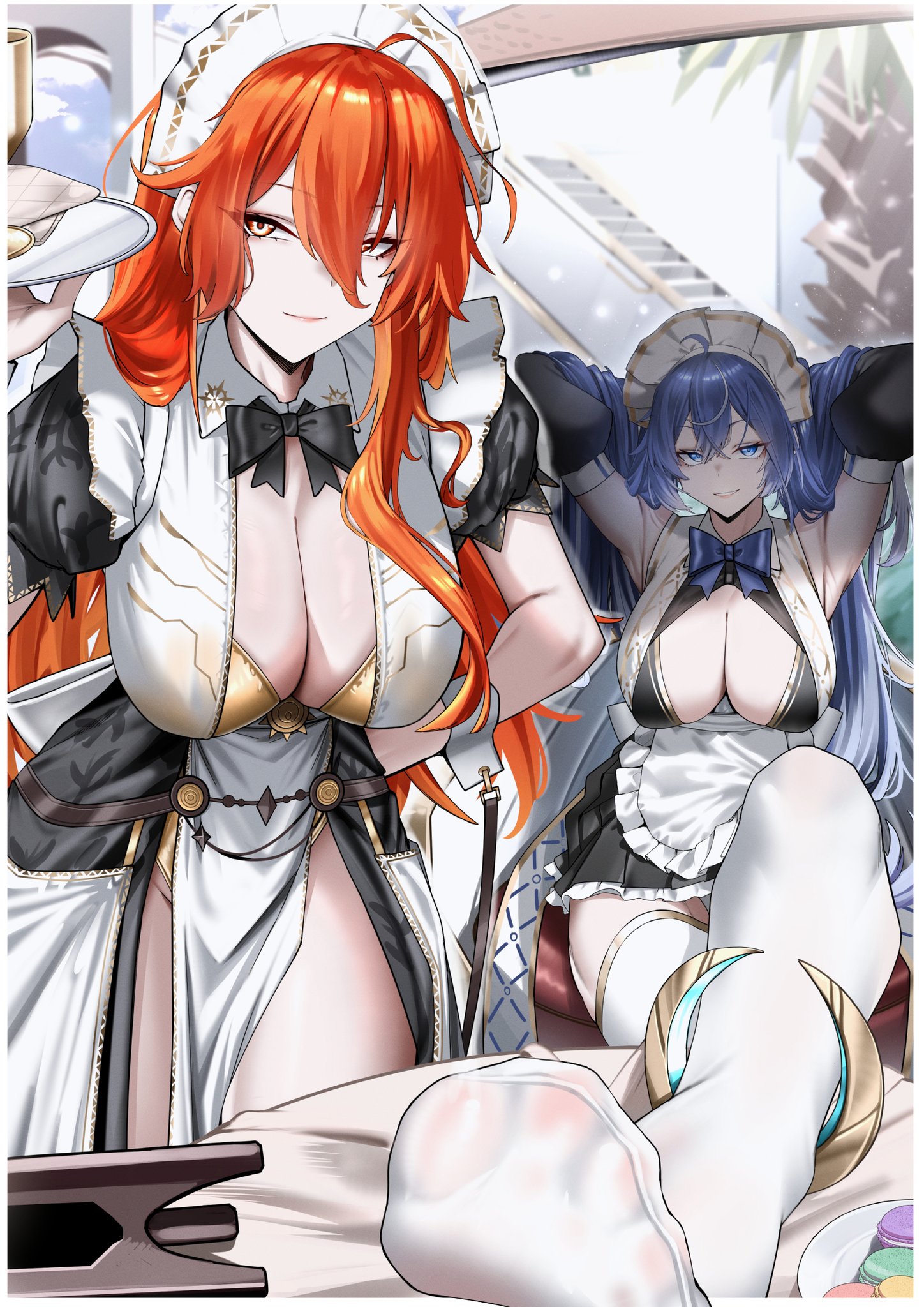 2girls, augusta (wuthering waves), big breasts, blue eyes, blue hair, breasts, breasts out, exposed breasts, female, iuno (wuthering waves), large breasts, long hair, maid, maid headdress, maid outfit, maid uniform, multiple females, open clothes, open shirt, orange bra, orange eyes, orange hair, thighhighs, twintails, white thighhighs, wuthering waves
