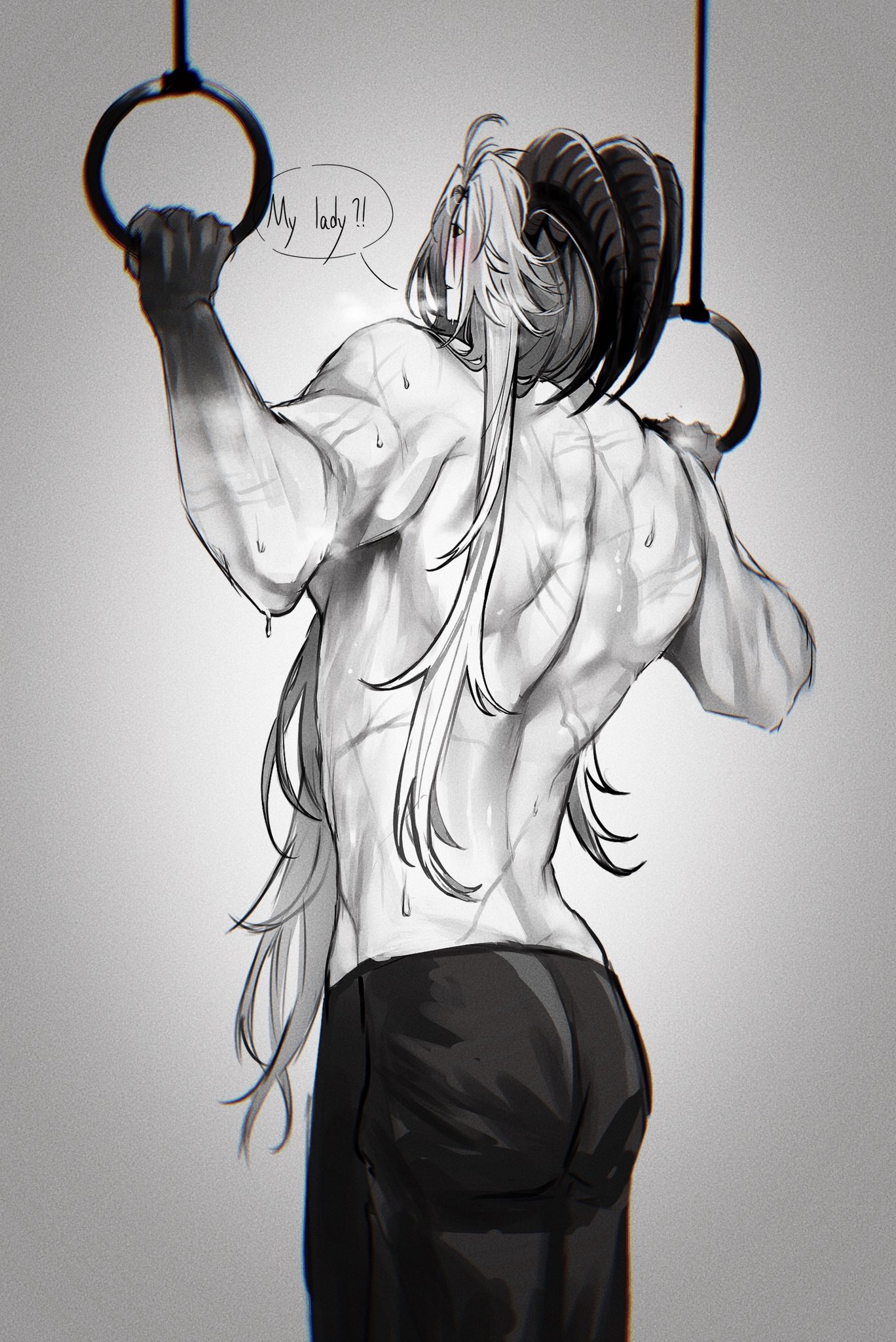 back view, black gradient arms, blush, blushing, blushing at another, blushing at viewer, blushing face, blushing male, facing back, gray hair, half naked, half nude, half-dressed, hedybd11, horns, long gray hair, long hair, monster, monster boy, muscles, muscular, muscular arms, muscular back, muscular male, pale body, pale-skin, pale-skinned male, pierrot (the freak circus), solo, solo focus, solo male, sweat, sweating profusely, sweaty, sweaty body, sweaty face, the freak circus