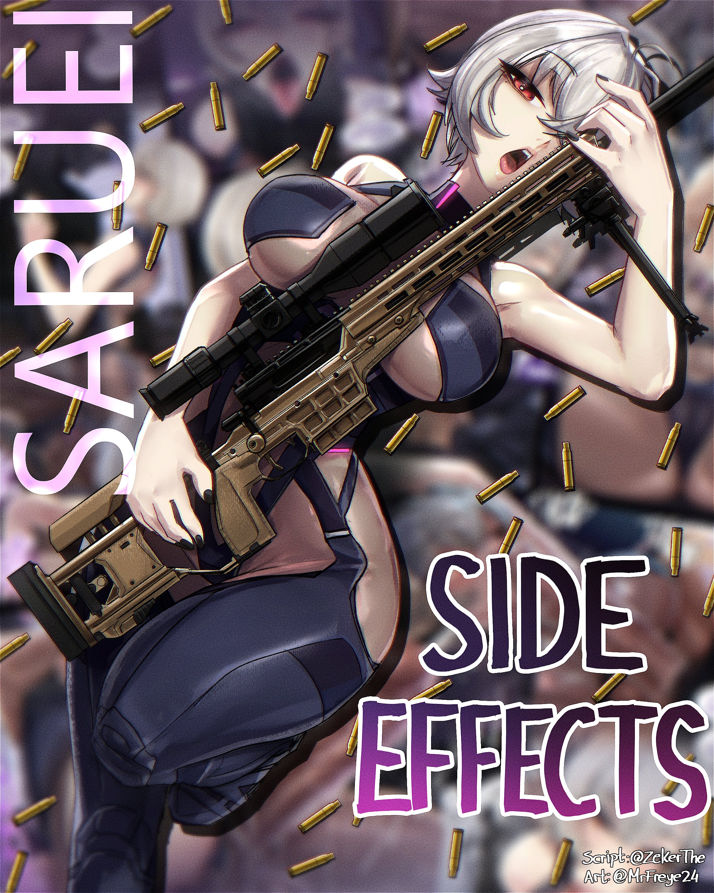 1girls, big breasts, bodysuit, breasts, bullet, bullets, clothed, clothing, comic, comic cover, female, female only, gun, indie virtual youtuber, light-skinned female, mrfreye24, saruei (vtuber), sniper rifle, solo, virtual youtuber, vtuber