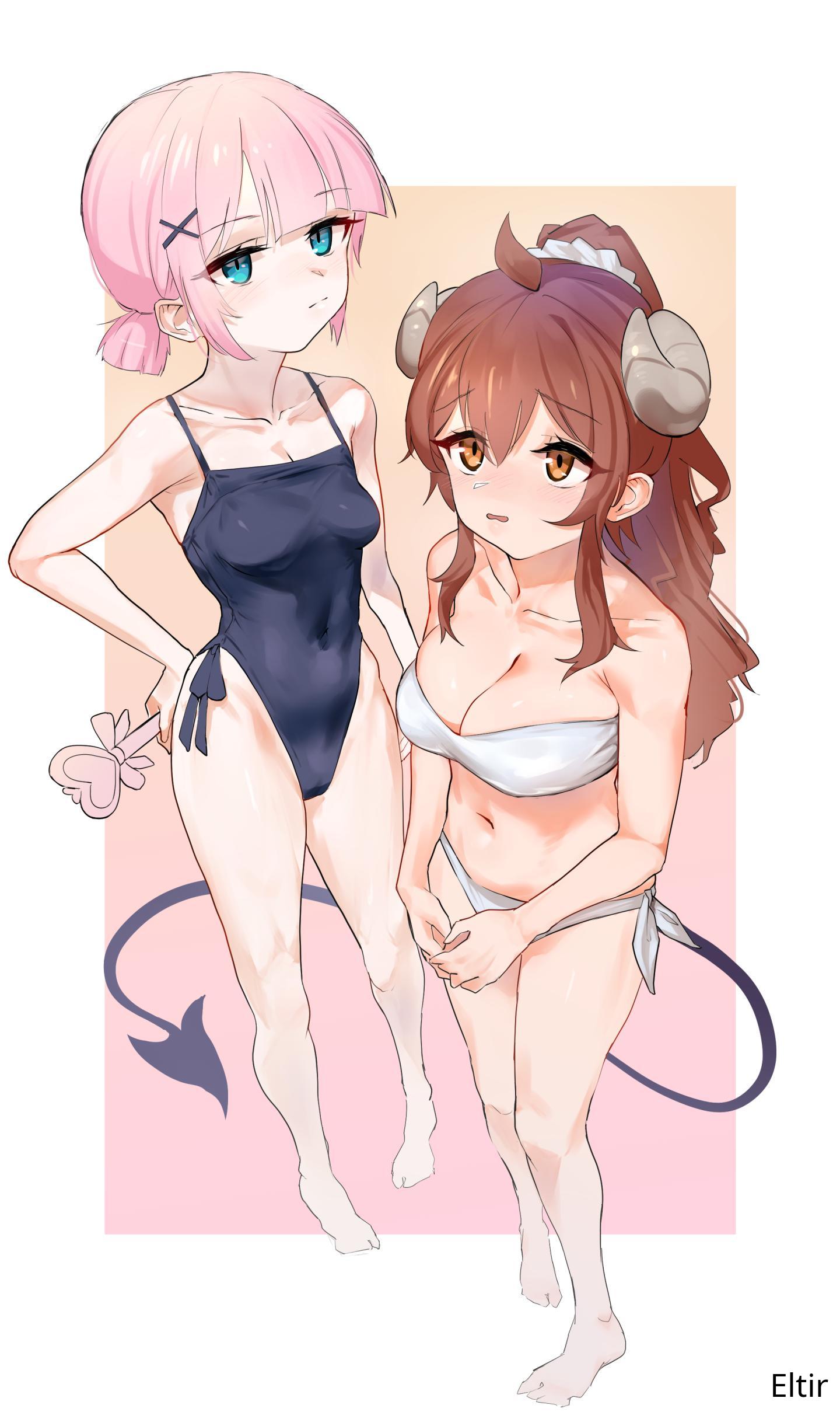 2d 2d_(artwork) 2d_artwork 2girls ahoge bare_arms bare_belly bare_calves bare_chest bare_hands bare_hips bare_knees bare_legs bare_midriff bare_navel bare_shoulders bare_skin bare_thighs bare_toes barefoot belly belly_button big_boobs big_breasts bikini bikini_bottom bikini_only bikini_top black_bikini black_one-piece_swimsuit black_swimsuit black_swimwear blank_expression blank_eyes blank_stare blue-eyed_female blue_eyes blunt_bangs bored bored_expression breasts brown-eyed_female brown-haired_female brown_eyes brown_hair busty busty_female busty_girl calves cleavage collarbone demon_girl demon_horns demon_humanoid demon_tail digital digital_art digital_drawing digital_drawing_(artwork) digital_media digital_media_(artwork) drawing eltir emotionless exposed exposed_arms exposed_belly exposed_chest exposed_hips exposed_legs exposed_midriff exposed_navel exposed_shoulders exposed_skin exposed_thighs exposed_toes eyebrows_visible_through_hair feet female female_focus female_only fingers full_body groin hair_between_eyes half_naked half_nude hand_on_hip hand_on_own_hip hand_on_own_waist hand_on_waist high_resolution highres horn horns knees large_boobs large_breasts lean_figure legs long_hair looking_at_viewer looking_up looking_up_at_viewer machikado_mazoku midriff multiple_females multiple_girls naked naked_female naked_woman narrow_waist navel nervous nervous_expression nervous_face nervous_female neutral_expression no_shoes nude nude_female nudity one-piece_swimsuit open_mouth parted_lips partially_undressed petite petite_body petite_breasts petite_female petite_girl petite_tits pink-haired_female pink_background pink_hair pink_hair_female ponytail semi_nude short_hair short_ponytail shoulders shy shy_expression shy_female shy_girl sidelocks simple_background slender_body slender_waist slim_female slim_waist small_boobs small_breasts small_tits standing swimsuit swimwear thigh_gap thighs tied_hair tiny_breasts tiny_tits toes tongue touching_hip touching_waist wavy_hair white_background white_bikini white_bikini_bottom white_bikini_top white_horn white_horns white_swimsuit white_swimwear wide_hips yoshida_yuuko