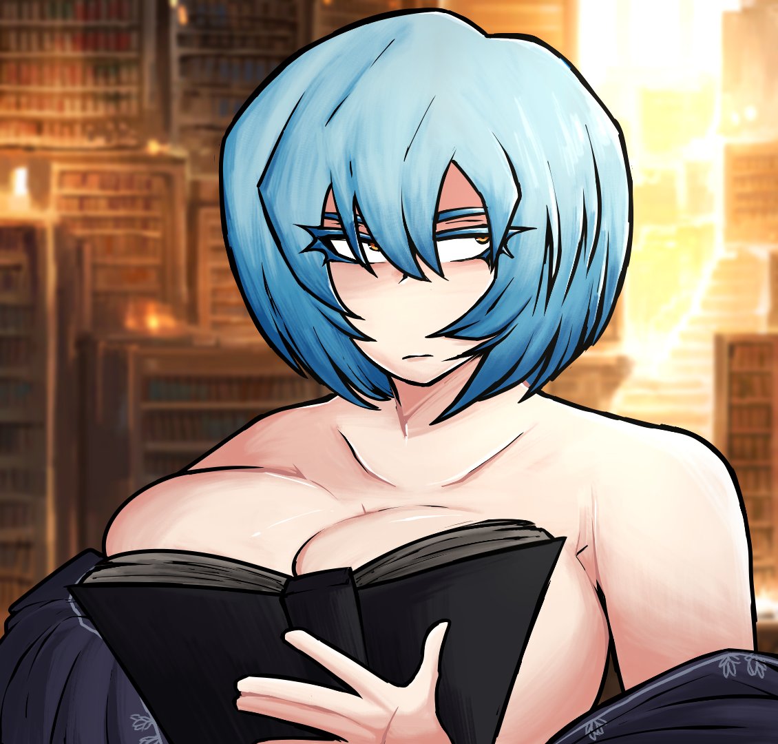1girls, angela (library of ruina), big breasts, blue hair, book, book covering breasts, breast press, breasts out, large breasts, library of ruina, light skin, light-skinned female, lobotomy corporation, ouch meme, project moon, short hair