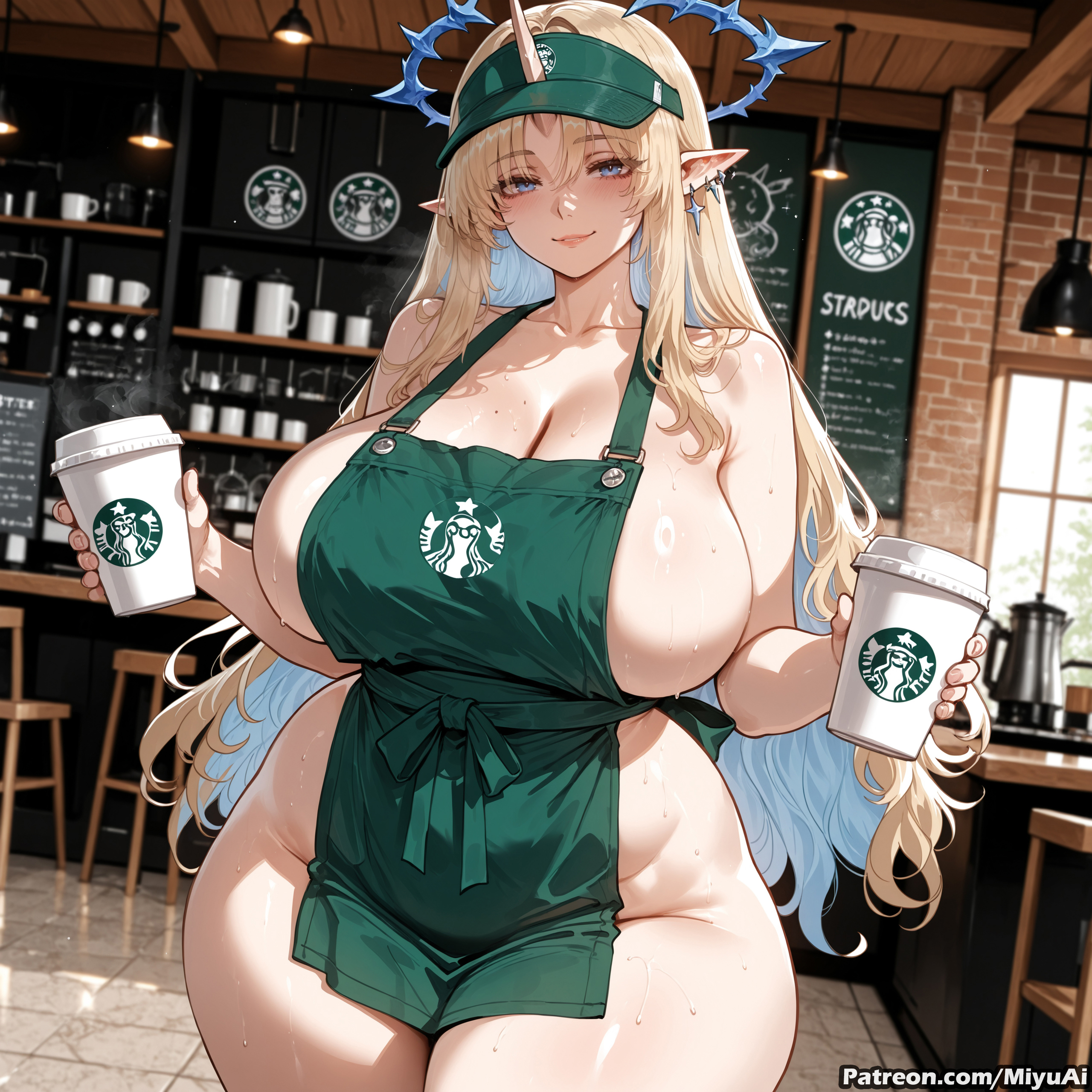 1girl, ai assisted, ai generated, apron, bangs, bare shoulders, beer mug, blonde hair, blue eyes, blush, breasts, cleavage, collarbone, counter, cup, curvaceous, curvy, curvy female, curvy figure, earrings, elf, eyebrows visible through hair, female, fleurdelys (wuthering waves), hair between eyes, holding, holding cup, huge breasts, indoors, jewelry, lips, long hair, looking at viewer, mature female, milf, miyuai, mug, naked apron, pointy ears, sidelocks, smile, solo, steam, sweat, tacet mark (wuthering waves), thick, thick ass, thick butt, thick hips, thick legs, thick thighs, thighs, voluptuous, voluptuous female, wide hips, wide thighs, wuthering waves