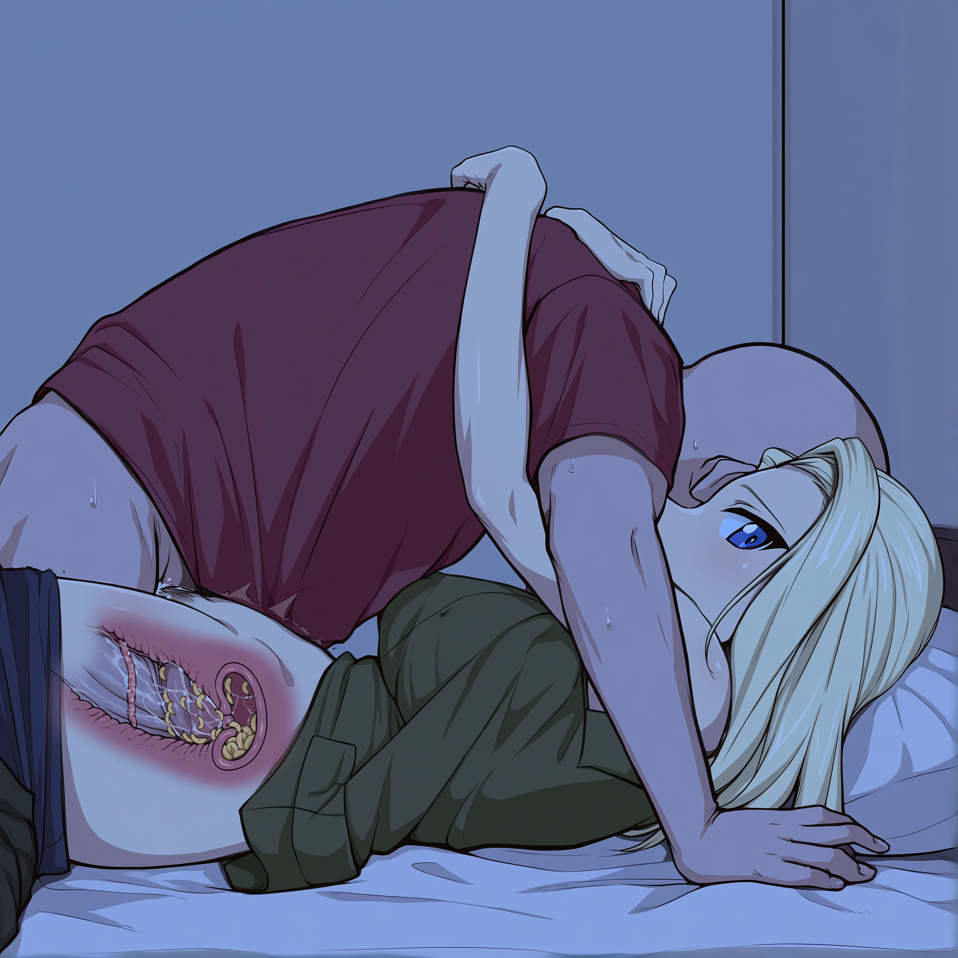 ai generated, blonde hair, blue eyes, clara (girls und panzer), creature inside, cross section, edit, female, girls und panzer, insects, larvae, maggot, male, parasite, penis, sex, x-ray