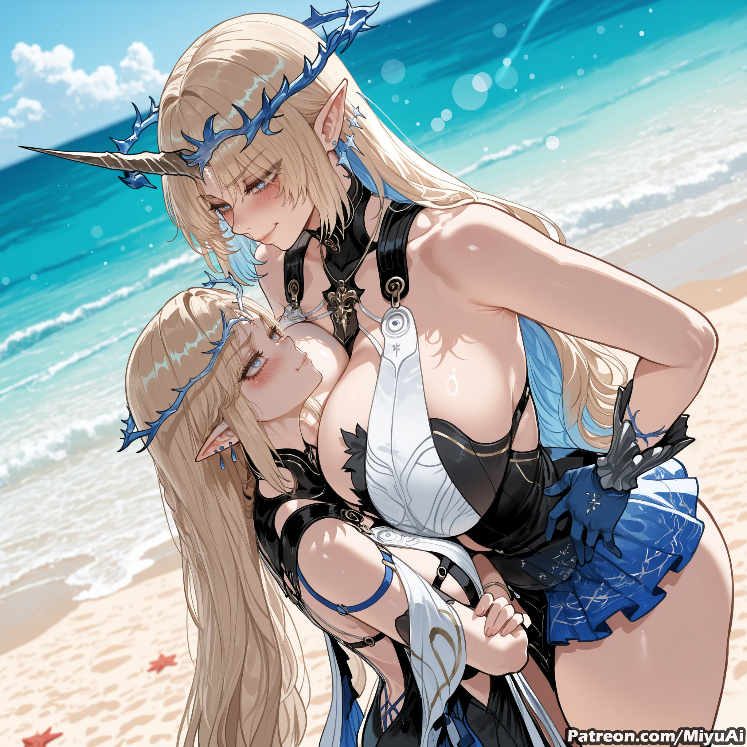 2girls, ai assisted, ai generated, bangs, bare shoulders, beach, blonde hair, blue eyes, blush, breast press, breasts, curvaceous, curvy, curvy female, curvy figure, day, earrings, elf, female, fleurdelys (wuthering waves), huge breasts, jewelry, long hair, mature female, milf, miyuai, multiple girls, ocean, outdoors, pointy ears, smile, symmetrical docking, tacet mark (wuthering waves), thick, thick ass, thick butt, thick hips, thick legs, thick thighs, voluptuous, voluptuous female, water, wide hips, wide thighs, wuthering waves, yuri