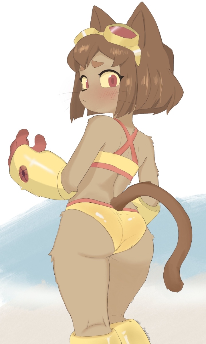 1girls, 2020s, 2026, 2d, 2d (artwork), 4 fingers, animal ears, animal humanoid, animal tail, anthro, armwear, artist request, ass, bikini, brown fur, brown hair, brown tail, butt, cat ears, cat girl, cat humanoid, cat tail, catgirl, dark skin, dark-skinned female, fanart from twitter, female, female anthro, female only, female protagonist, footwear, furry, gameoverse, glasses on head, glitch productions, gloves, humanoid, kit (gameoverse), latina, latina female, looking at viewer, looking back, looking back at viewer, mechanical glove, no ai, short hair, solo, swimsuit, tail, thighs, twitter link, two-piece swimsuit, unknown artist, yellow bikini, yellow panties, youtube