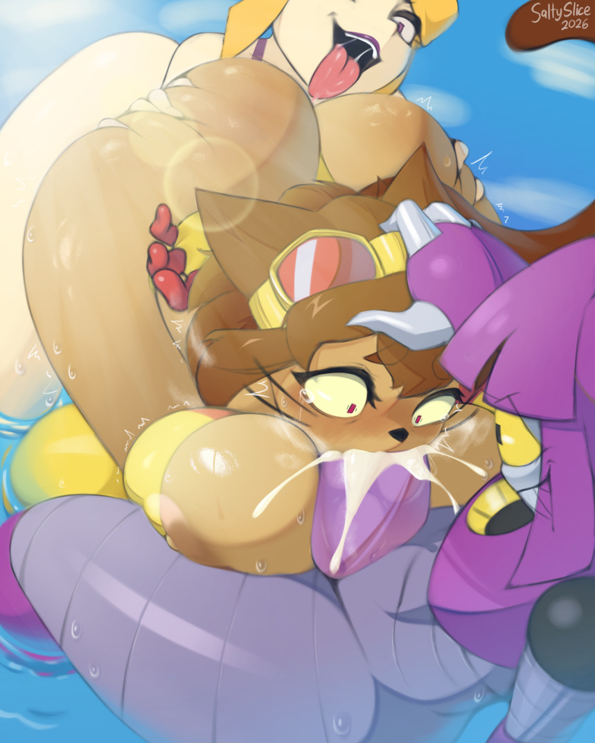 1futa, 2girls, 3girls, anthro, female, furry, futa on female, futanari, gameoverse, glitch productions, kit (gameoverse), kit bodega, malice (gameoverse), miss information (gameoverse), saltyslice, tagme, threesome