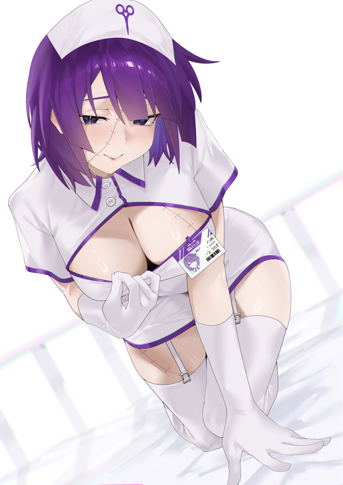 1girls, all fours, arril100, big breasts, blue eyes, breasts, cleavage, cleavage cutout, clothed, clothing, clothing cutout, dutch angle, full body, garter straps, gloves, halloween, halloween costume, id card, large breasts, looking at viewer, monogatari (series), nurse, nurse cap, nurse uniform, purple hair, senjougahara hitagi, short hair, solo female, stitched face, stitched leg, tagme, thighhighs, thighs
