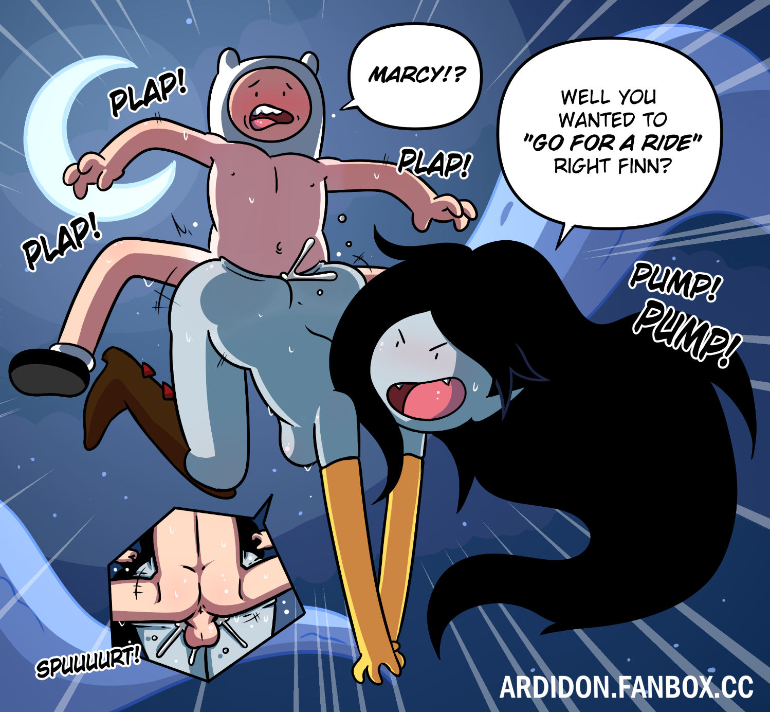 adventure time, ardidon, balls, breasts, cum, finn the human, flying sex, male, marceline, moon, sex, text