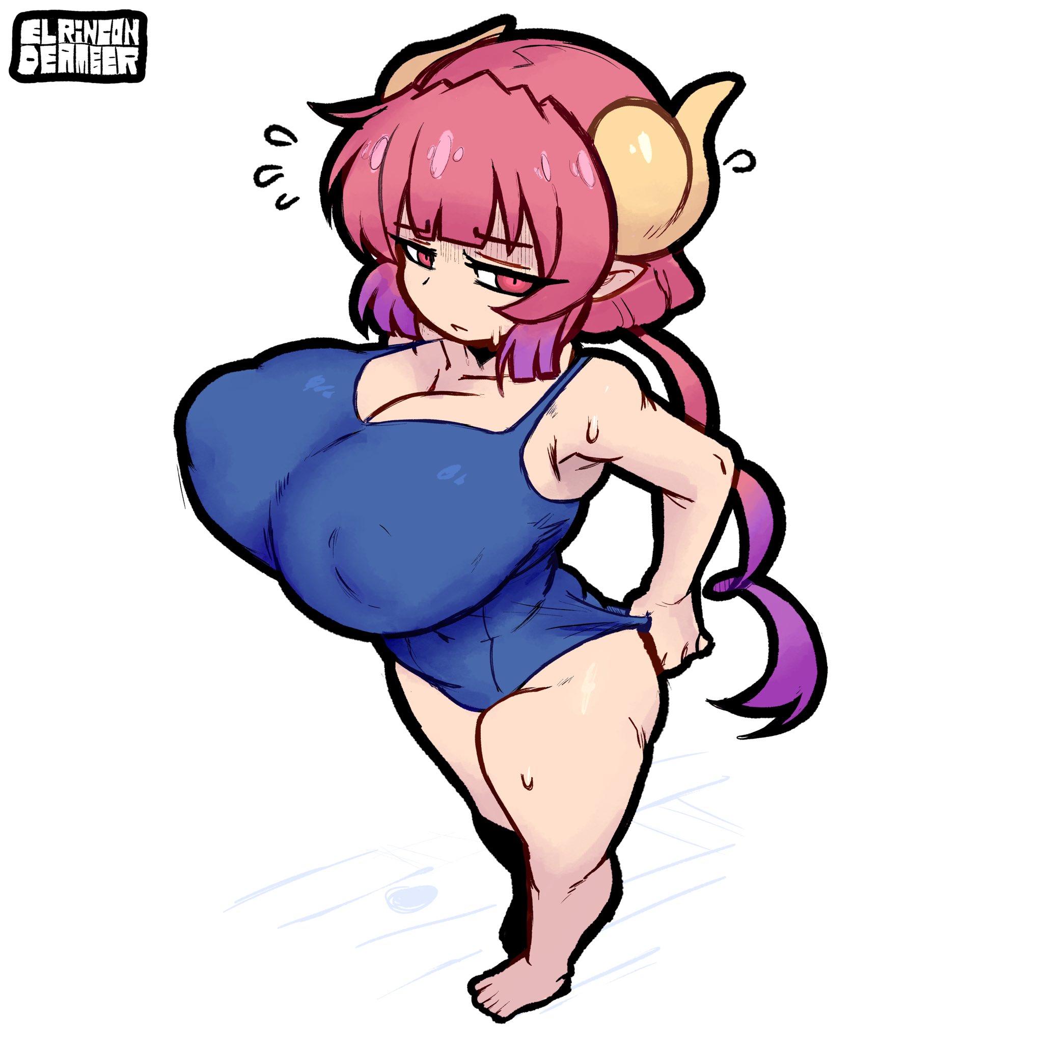1girls, artist logo, artist signature, big boobs, big breasts, dragon, dragon girl, dragon horns, el rincon de amber, eyelashes, horns, ilulu (dragon maid), kemonomimi, kobayashi-san chi no maidragon, miss kobayashi's dragon maid, neckline, nipple bulge, pointed ears, pointy ears, red hair, shortstack, simple background, slit pupils, sweat, sweatdrop, sweating, thighs
