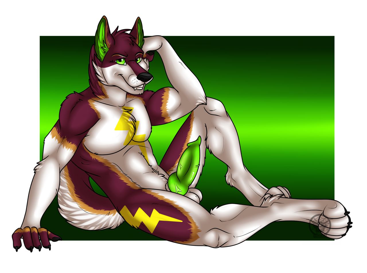 2016 4_toes 5_fingers abs animal_genitalia animal_penis anthro biceps black_claws black_nose black_pawpads border canine canine_penis cheek_tuft claws countershade_face countershade_tail countershade_torso erection fluffy fluffy_tail fur green_eyes green_penis humanoid_hands husky inner_ear_fluff jz-jake knot looking_at_viewer male male_only mammal multicolored_fur muscular nude pawpads pecs penis pose red_fur solo testicles tigran_the_werewolf toes tuft two_tone_fur two_tone_tail vein veiny_penis white_border white_countershading white_fur white_testicles