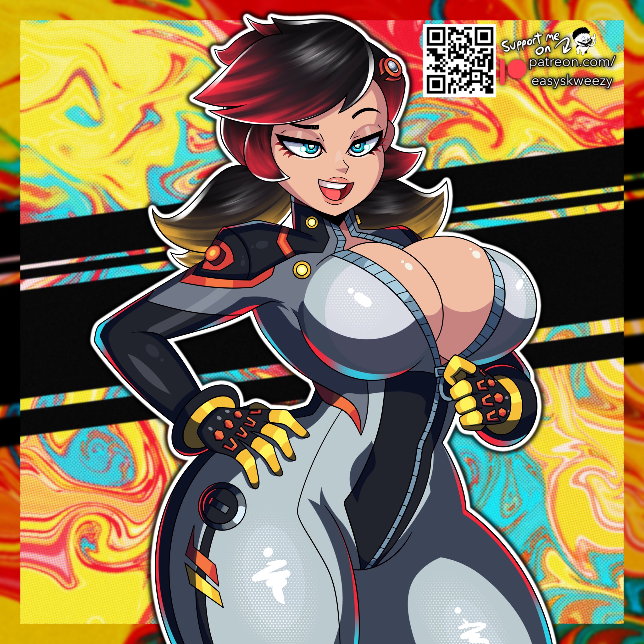 1:1, 1girls, 2d, alternate breast size, bodysuit, border, breasts, cleavage, clothing, easyskweezy, female, female only, hi res, large breasts, light skin, light-skinned female, lips, looking at viewer, marvel, marvel rivals, open mouth, peni parker, peni parker (marvel rivals), qr code, smile, solo, teeth, thick thighs, thighs, tongue, url, wide hips