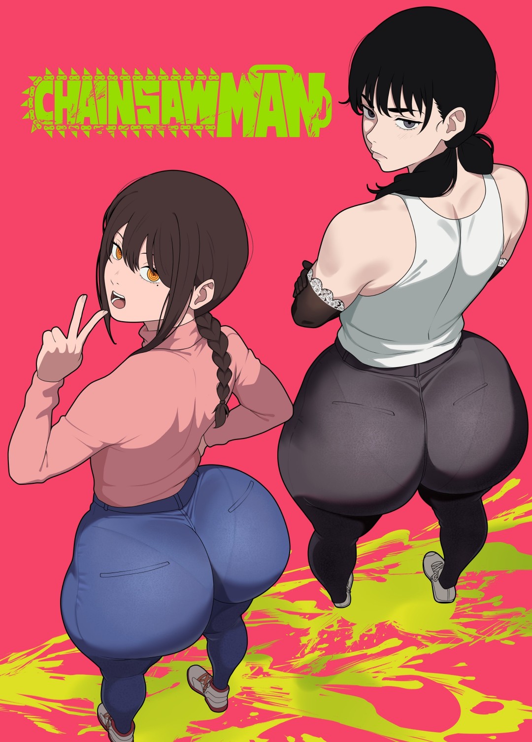 2girls, big ass, black hair, brown hair, chainsaw man, fat ass, freshnsfw, jeans, looking at viewer, mitaka asa, nayuta (chainsaw man)