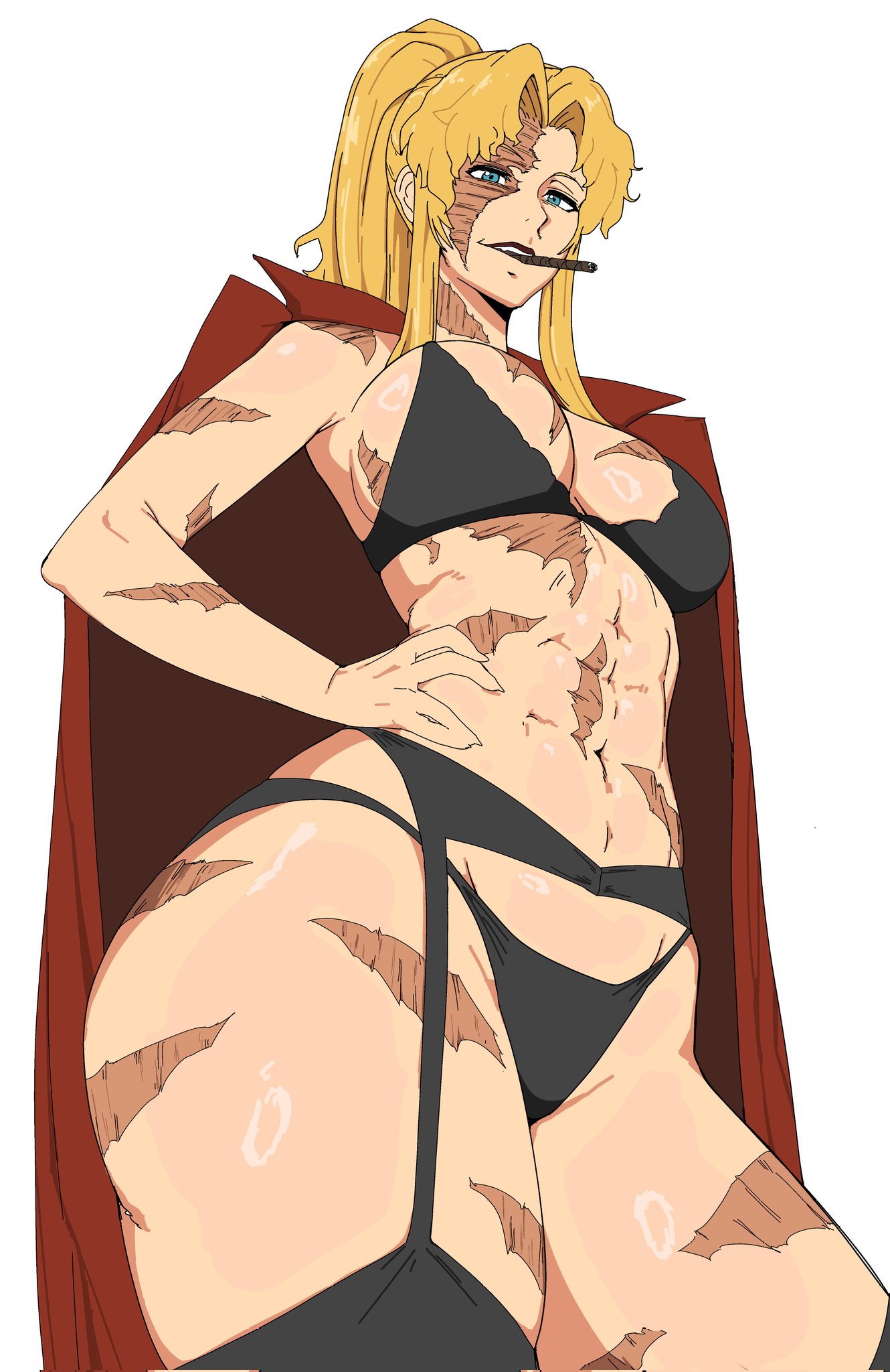 1girls, balalaika, black bra, black garter belt, black garter straps, black lagoon, black panties, black thighhighs, blonde hair, bottomwear, bra, breasts, cleavage, female, female only, garter belt, garter straps, hair, hand on hip, hips, legwear, medium breasts, object in mouth, octavius dp, panties, ponytail, robe, scar, scar across eye, scar on face, scars, scars all over, scars on arm, scars on body, scars on chest, solo, solo female, thighhighs, tied hair, topwear, wide hips