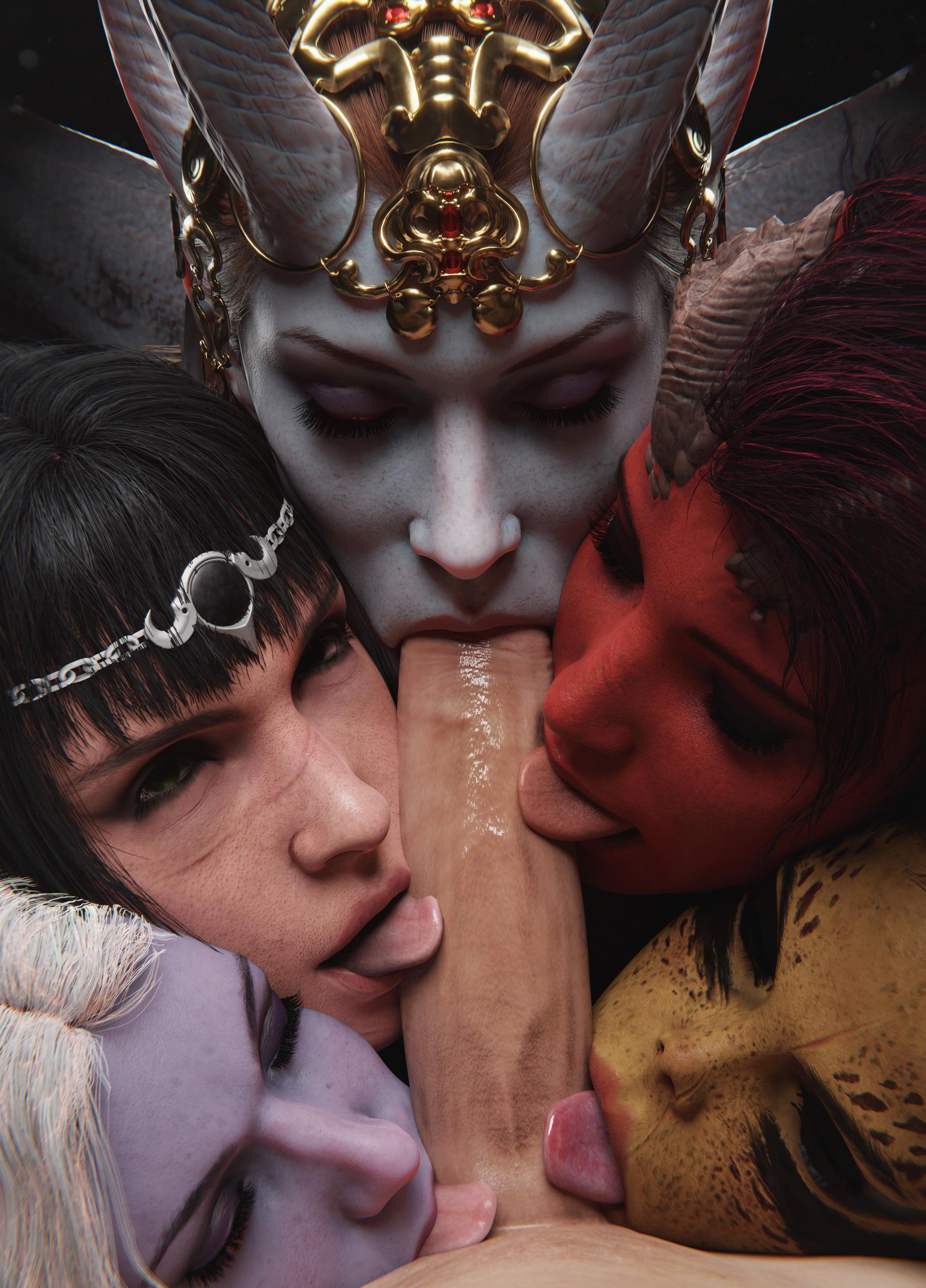 1boy, 3d, 5girls, athletic female, baldur's gate, baldur's gate 3, big penis, black hair, blowjob, blue skin, bobot, collaborative fellatio, dark elf, dark elf female, demon girl, elf female, elf girl, erection, fellatio, female, green skin, gretdb, harem, horn, horns, huge cock, human, human penetrating, interspecies, karlach, lae'zel, large penis, licking, licking penis, light-skinned male, looking at viewer, male, male pov, minthara, mizora, multiple girls, norn3d, nyl2, oral, oral sex, penis, penis in mouth, penis lick, penis licking, penis sucking, pov, pov crotch, pov male, purple skin, quintuple fellatio, red hair, red skin, shadowheart, skinfluting, straight, succubus, sucking, sucking penis, tiefling, tiefling girl, tongue, tongue out, white hair