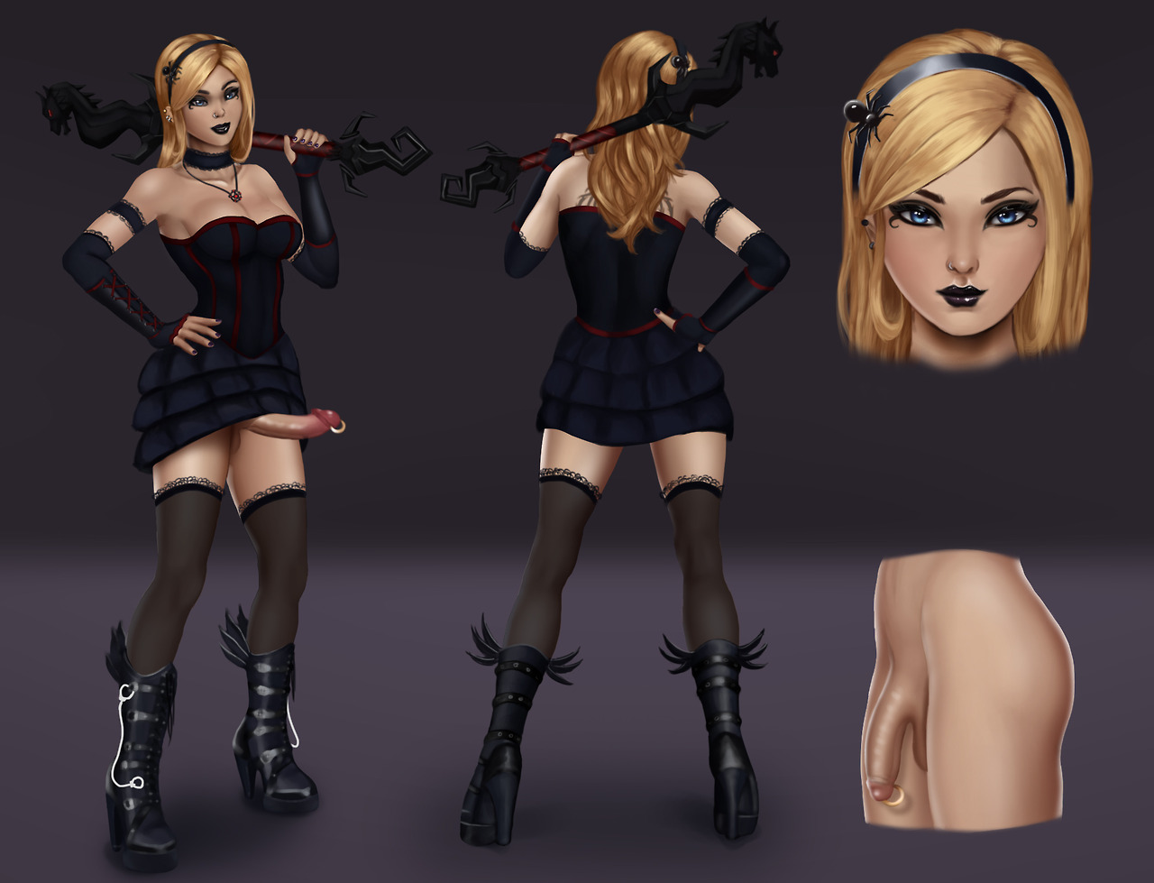 1futa, aethosart, balls, black lipstick, blonde hair, erection, futa only, futanari, genital piercing, goth, intersex, league of legends, luxanna crownguard, penis, penis piercing, penis under skirt, piercing, platform boots, solo, testicles, thighhighs