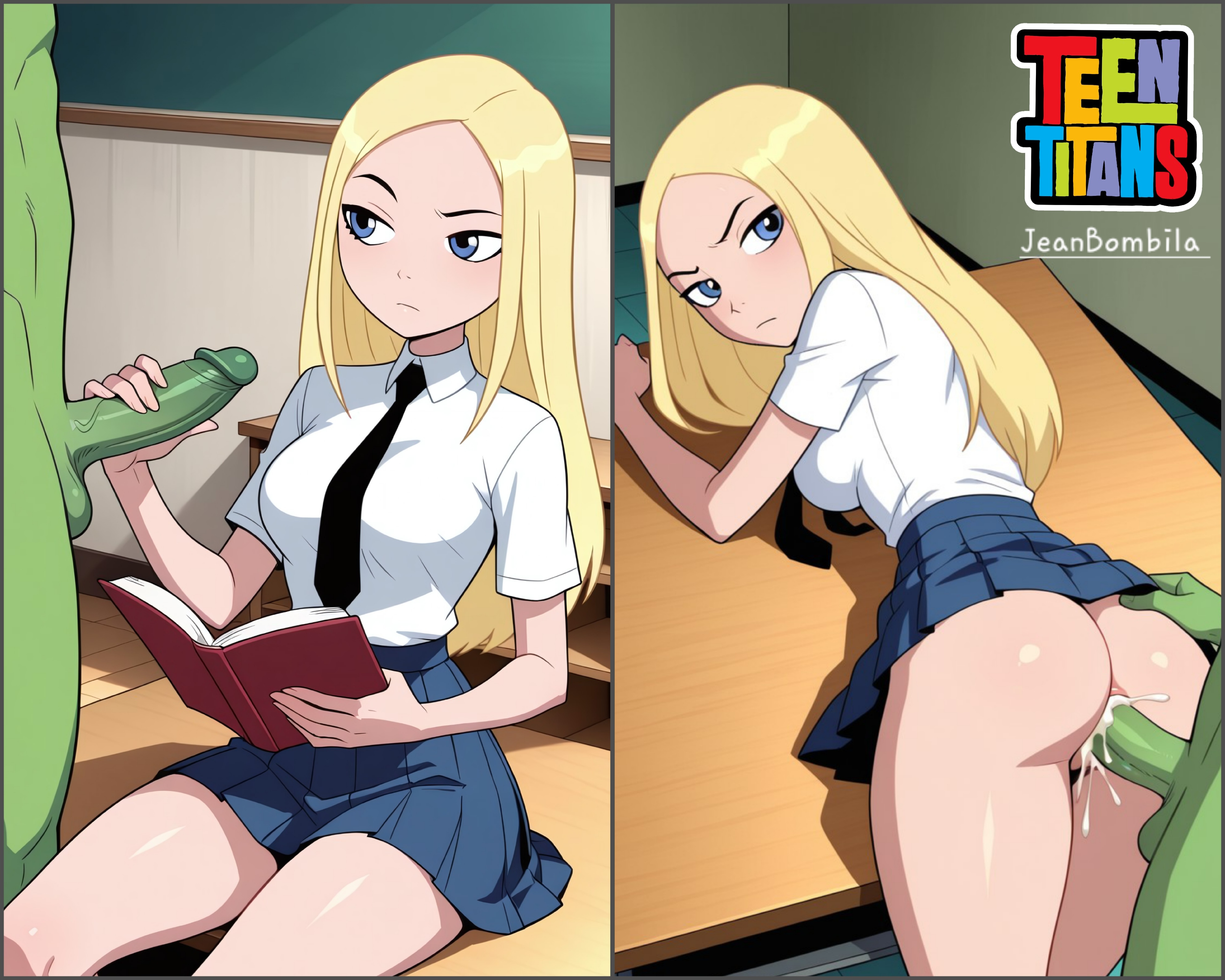 1boy, 1girls, ai generated, anal, anal penetration, anal sex, ass, beast boy, blonde hair, cartoon network, dc, dc comics, dcau, female, handjob, jeanbombila666, male, masturbation, penis, teen titans, terra (dc)