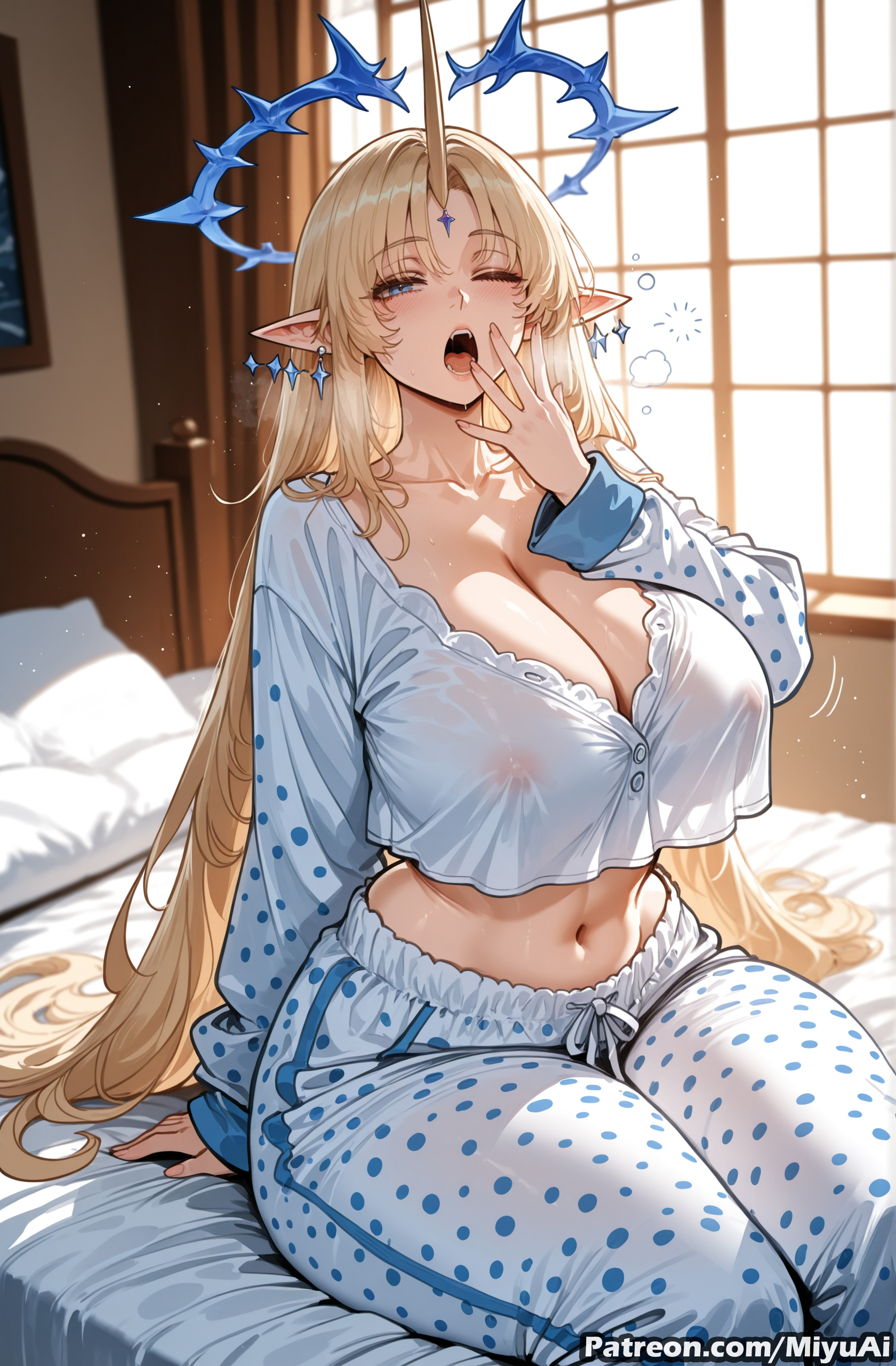 1girl, ai assisted, ai generated, bangs, bed, bed sheet, bedroom, blonde hair, blue eyes, blush, breasts, cleavage, covered nipples, curvaceous, curvy, curvy female, curvy figure, elf, female, fleurdelys (wuthering waves), horns, huge breasts, indoors, jewelry, long hair, looking at viewer, mature female, midriff, milf, miyuai, monster girl, navel, on bed, one eye closed, open mouth, pajamas, pants, parted bangs, pillow, pointy ears, polka dot, see-through, shirt, sitting, sleepy, solo, tacet mark (wuthering waves), thick, thick ass, thick butt, thick hips, thick legs, thick thighs, very long hair, voluptuous, voluptuous female, waking up, watermark, wide hips, wide thighs, window, wuthering waves, yawning