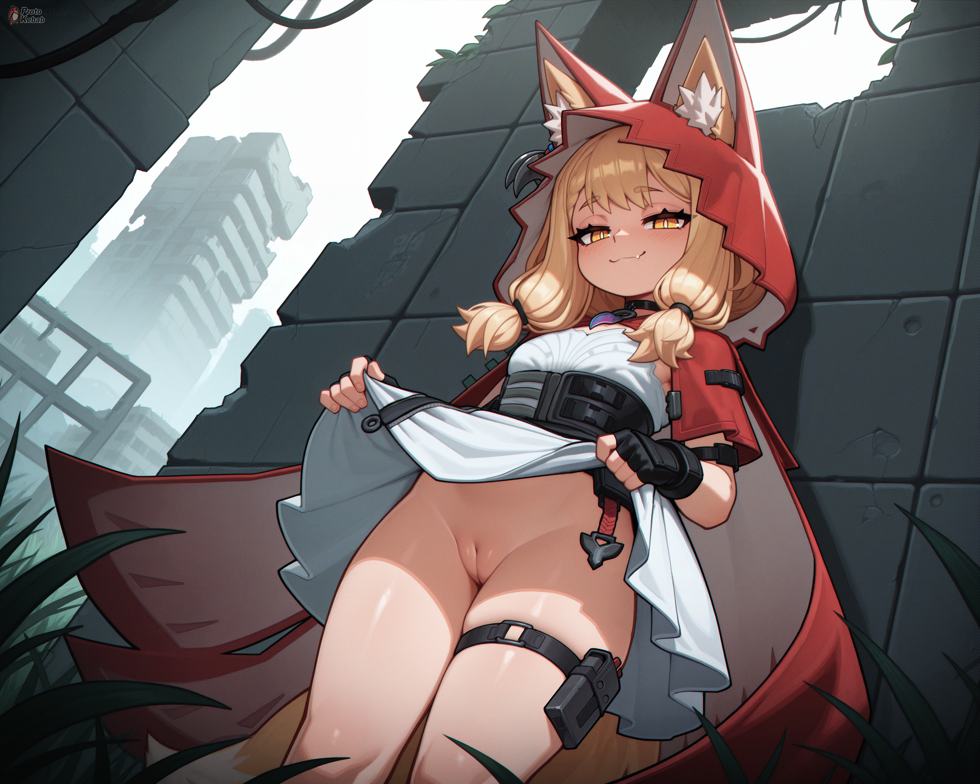 1girl, ai generated, arknights: endfield, belt, blonde hair, cape, cleft of venus, cute fang, fox, fox ears, fox girl, fox tail, from below, hood, lifting skirt, long hair, looking at viewer, low twintails, no panties, outdoors, petite, protokebab, rossi (arknights: endfield), ruins, smug, solo, thigh strap, yellow eyes