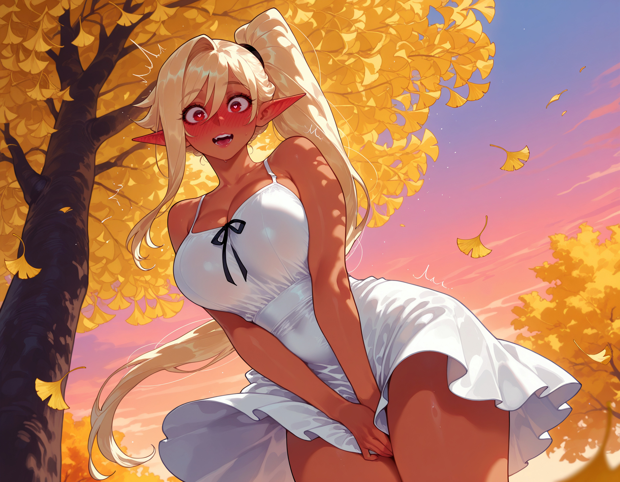1girl, 1girls, ai generated, asymmetrical hair, autumn, autumn leaves, balecxi, bare arms, bare shoulders, between legs, blonde hair, blush, breasts, cleavage, cloe (kuroinu), clothing, collarbone, covered navel, covering crotch, covering privates, cowboy shot, curvaceous, curvaceous female, curvaceous figure, curvy, curvy figure, dark elf, dark skin, dark-skinned female, dress, dress tug, dusk, dutch angle, elf, embarrassed, evening, falling leaves, fangs, female, female focus, flare ch., from below, ginkgo leaf, gradient sky, hair between eyes, hand between legs, kuroinu ~kedakaki seijo wa hakudaku ni somaru~, large breasts, leaf, long hair, looking at viewer, looking down, nose blush, open mouth, orange sky, outdoors, pointy ears, red eyes, short dress, side ponytail, single sidelock, skirt tug, sky, sleeveless, sleeveless dress, solo, spaghetti strap, standing, sundress, sunset, teeth, thighs, tree, trembling, very long hair, voluptuous, voluptuous female, white dress, wide hips, wind, wind lift