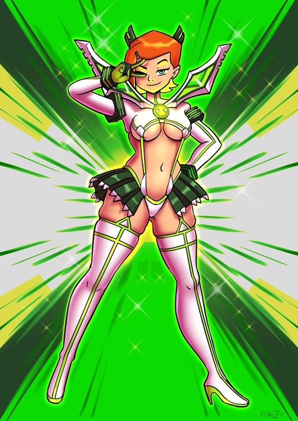 1girls, ben 10, ben 10 (classic), benketsu, big ass, ginger, green eyes, gwen tennyson, gwen tennyson (classic), half naked, heels, kamui (kill la kill), kill la kill, light-skinned female, looking at viewer, matoi ryuuko (cosplay), orange hair, orange-haired female, peace sign, planz34, pose, posing, sailor uniform, seductive, seductive look, senketsu, short hair, skin tight outfit, skin tight suit, thighhighs, thong, underboob, upgrade (ben 10), wide hips, winking at viewer