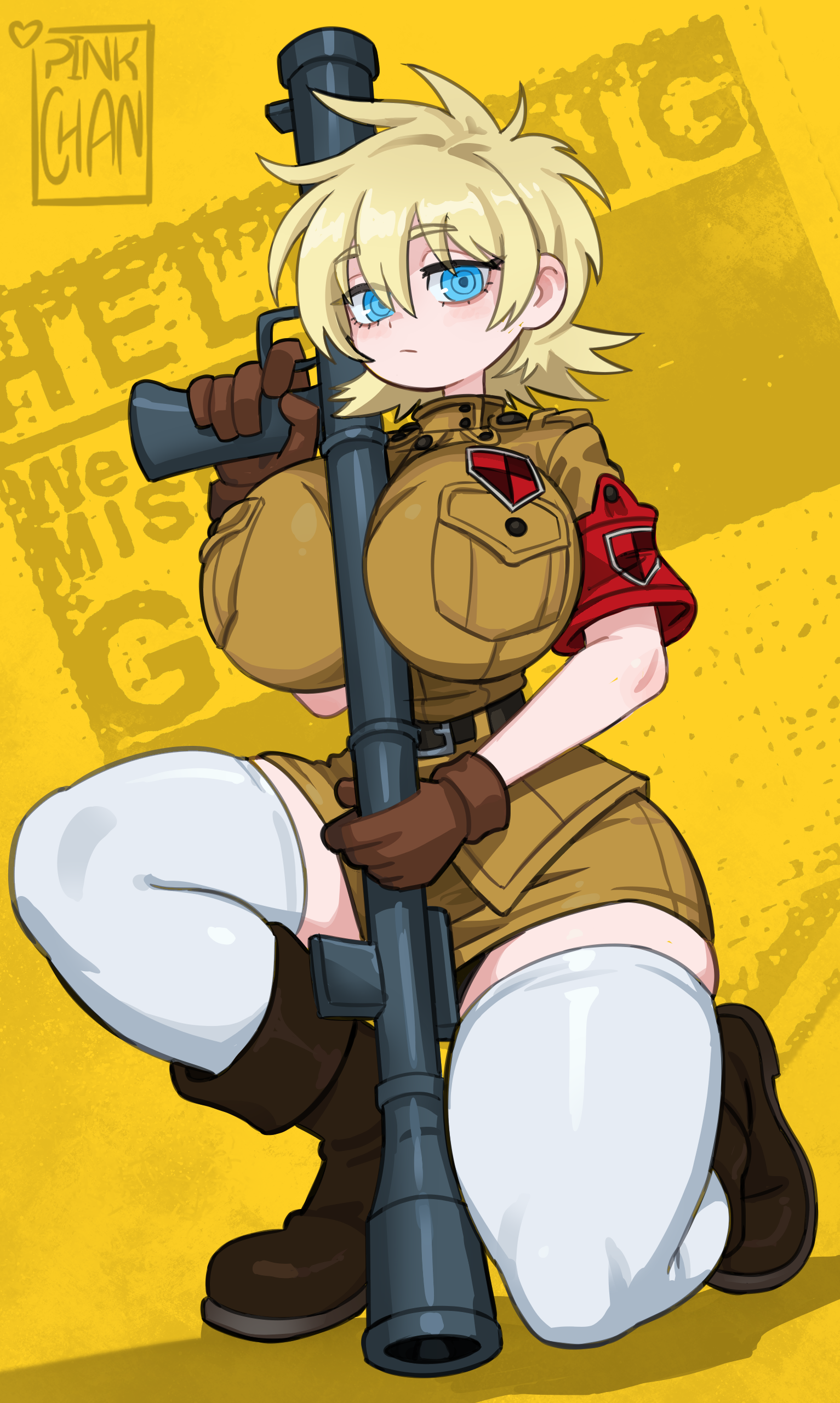 1girl, 1girls, big breasts, blonde hair, blue eyes, boots, gloves, gun, gun between breasts, hellsing, hellsing ultimate, holding gun, huge breasts, light blonde hair, pink-chan, rocket launcher, seras victoria, short hair, skirt, thighhighs, uniform