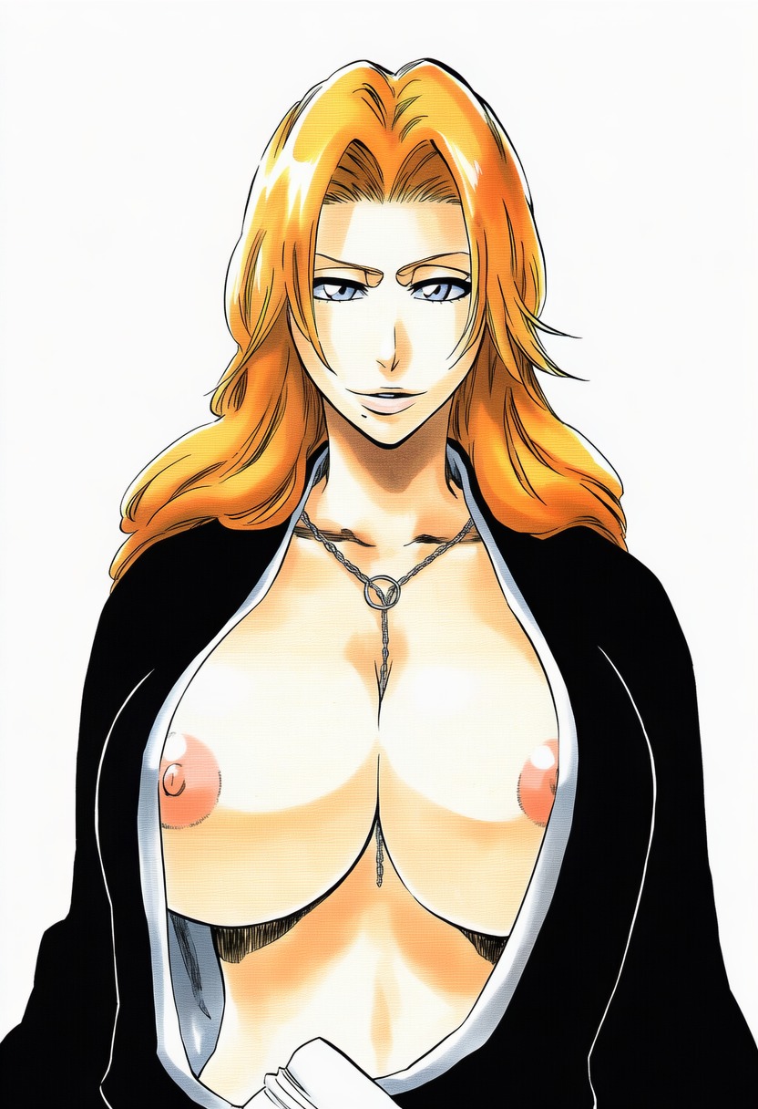 1girls, accurate art style, accurate body type, ai generated, ai-created, areola slip, areolae, between breasts, black kimono, bleach, blue eyes, breast focus, breasts, breasts out of clothes, busty, cel shading, chain, chain necklace, cleavage, clothing, curvaceous, exposed breasts, eyebrows, facing viewer, female, female focus, female only, female solo, front view, haori, high resolution, huge breasts, jewelry, kimono, large breasts, light skin, light-skinned female, lineart, long hair, looking at viewer, matsumoto rangiku, mole, mole under mouth, necklace, nipple slip, nipples, no bra, open clothes, open shirt, oppai, orange hair, parted lips, robe, shiny, shiny hair, shiny skin, shirt, simple background, smile, solo, solo focus, standing, thin eyebrows, tite kubo style, traditional clothes, upper body, wafuku, waifu, wardrobe malfunction, white background