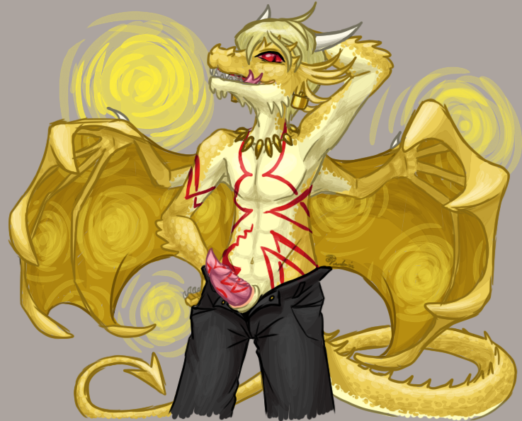 abs alternate_species animal_genitalia anthro blonde_hair clothed clothing dragon erection fate/stay_night fate_(series) forked_tongue gilgamesh gilgamesh_(fate) grin hair hand_on_hip licking licking_lips male penis penis_tattoo pose red_eyes scalie shaded sheath smile solo tapering_penis tattoo tongue tongue_out topless yuukarin_(artist)