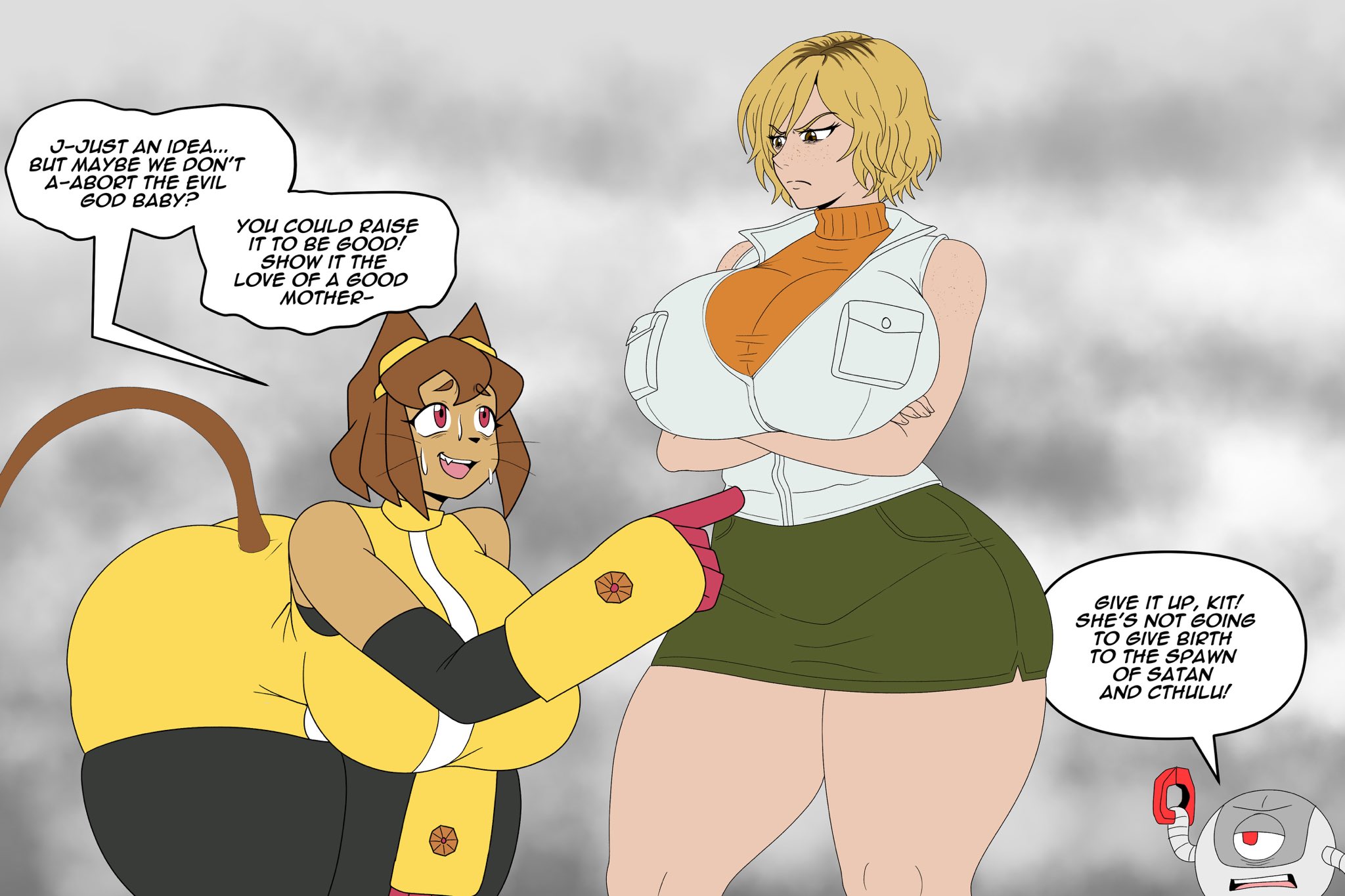 angry, angry expression, catgirl, crossover, eastern and western character, english text, gameoverse, glitch productions, heather mason, huge breasts, kaboodle (gameoverse), kit (gameoverse), konami, nokozeze, silent hill, silent hill 3, speech bubble, text