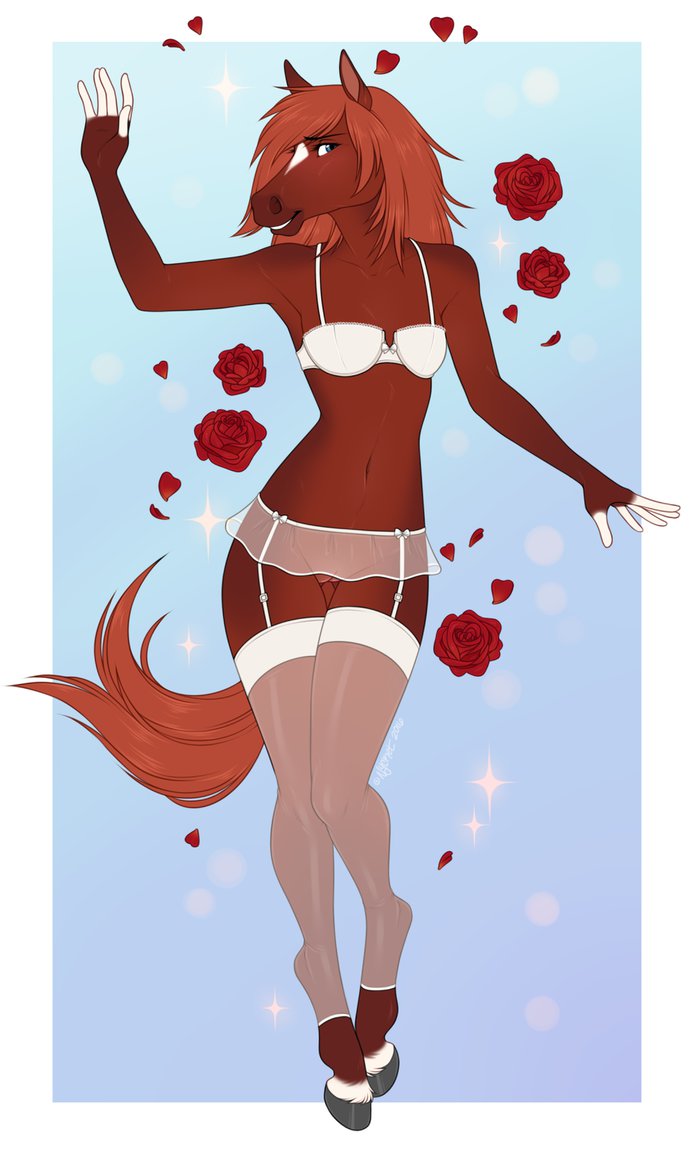 anthro blue_eyes bra brown_fur brown_skin clothing equine female flower fur hooves horse legwear looking_aside looking_at_viewer mammal nycket plant pussy rainstorm rose see-through skirt smile solo standing stockings underwear