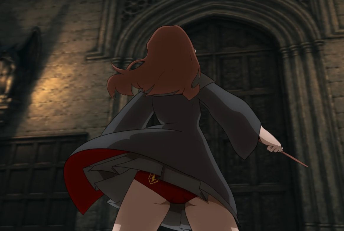 1girls, 2d, ass focus, background, bare legs, behind view, brown hair, brunette, color, deepstroke, dungeon, female, female only, gray clothing, grey clothing, gryffindor, gryffindor symbol, gryffindor tower, hair, harry potter, hermione granger, human, human only, light skin, light-skinned female, long hair, long sleeves, low-angle view, magic wand, miniskirt, mixed media, panties, petite, pleated skirt, rear view, red clothing, red panties, robe, screencap, screencap background, skirt, sleeves, solo, solo focus, spread arms, underwear, unseen face, unseen female face, upskirt, wand, wardrobe malfunction, white body, wide sleeves, wind lift, wip, witch