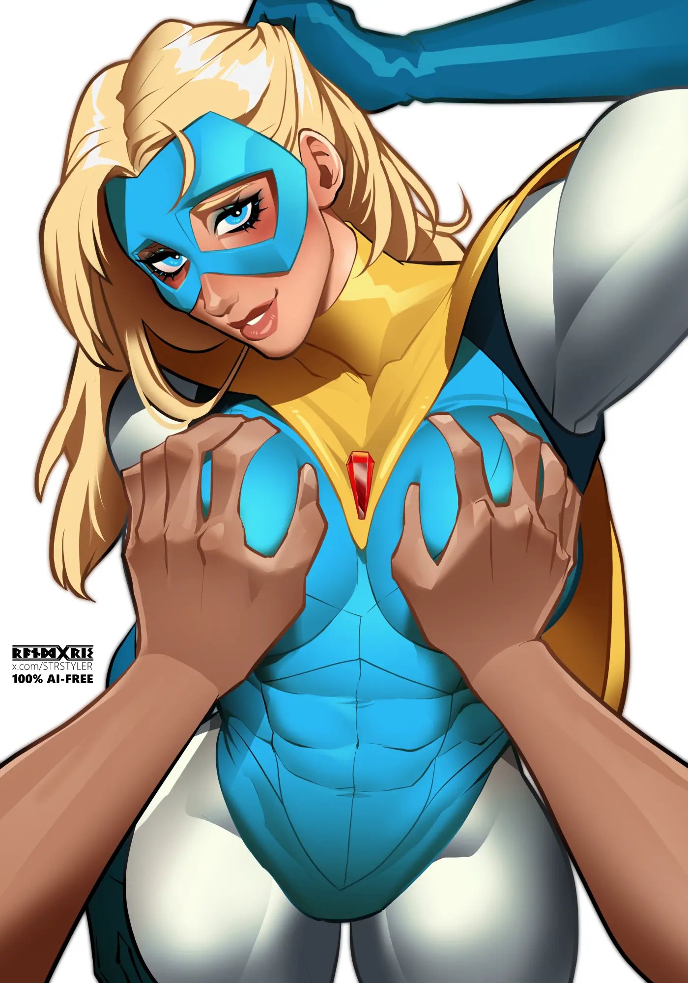 blonde blazer, dispatch (game), pov hands, strstyler, touching breasts