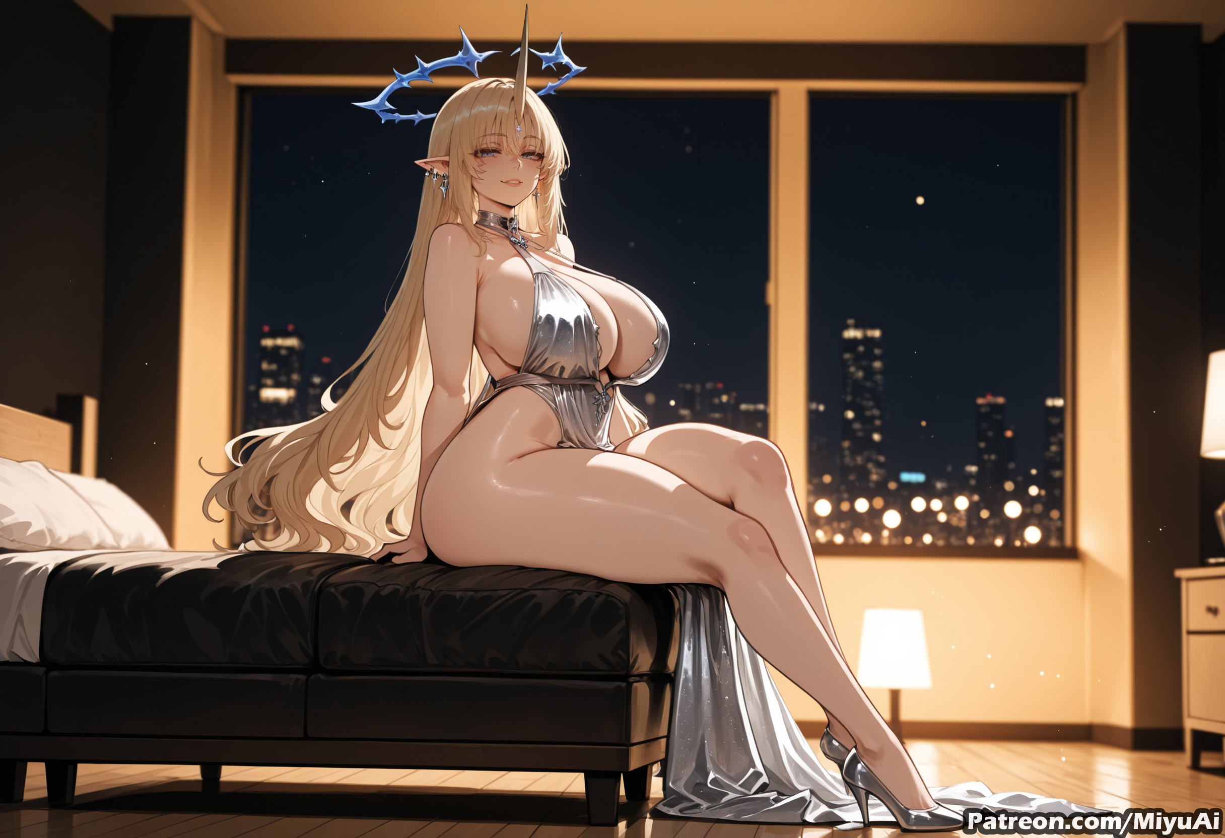 1girl, ai assisted, ai generated, bangs, bare shoulders, blonde hair, blush, breasts, cleavage, curvaceous, curvy, curvy female, curvy figure, dress, earrings, elf, female, fleurdelys (wuthering waves), jewelry, long hair, looking at viewer, mature female, milf, miyuai, night, night sky, pointy ears, revealing clothes, sitting, sky, smile, solo, tacet mark (wuthering waves), thick, thick ass, thick butt, thick hips, thick legs, thick thighs, thighs, very long hair, voluptuous, voluptuous female, wide hips, wide thighs, wuthering waves