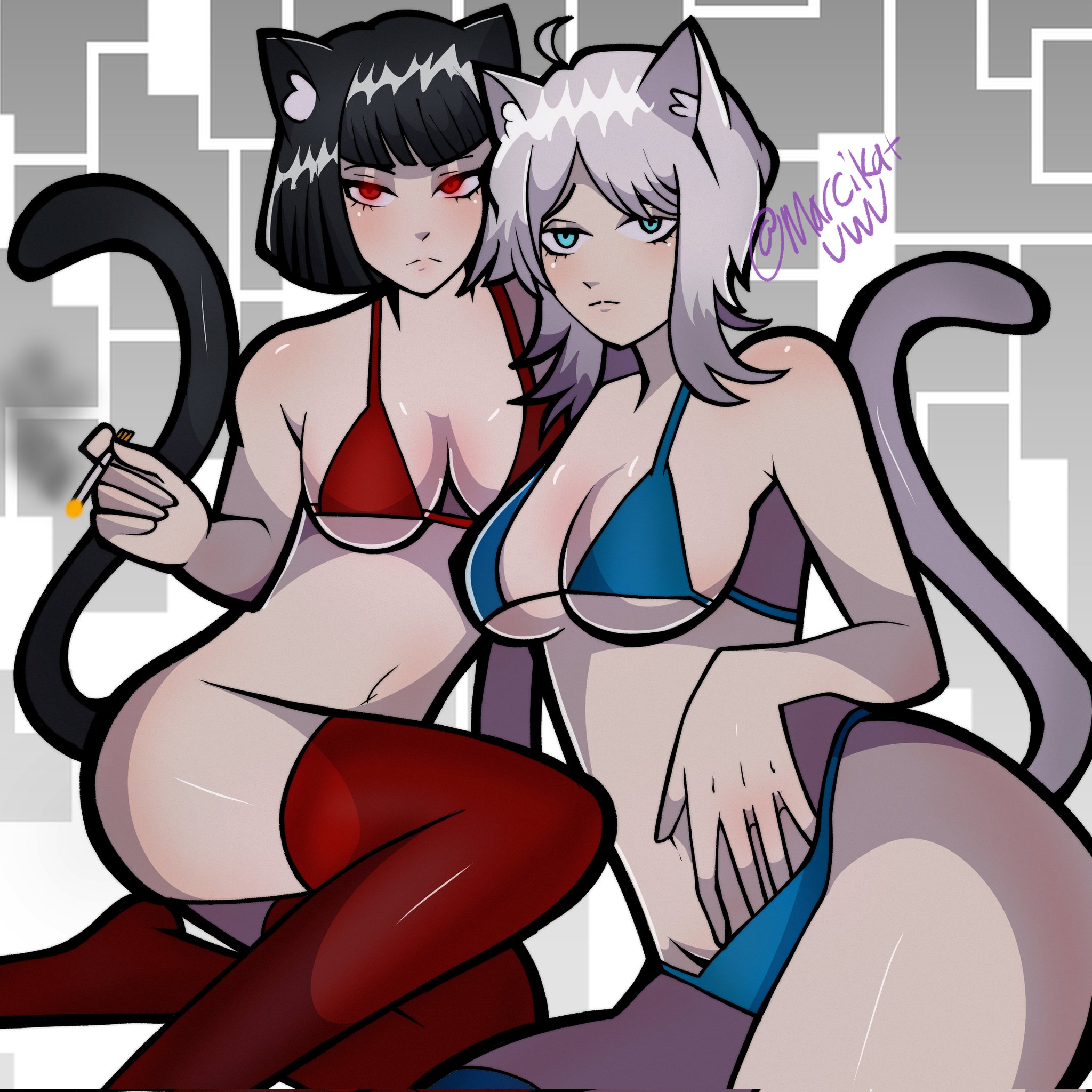 2girls, bangs, belly, bikini, black hair, blue bikini, bob cut, cat ears, cat tail, cigarette in hand, curvy, curvy female, faust (limbus company), hand in panties, juicy lips, limbus company, marcikatuwu, medium breasts, midriff, project moon, red bikini, ryoshu (limbus company), short hair, smoking, stockings thigh highs, thick thighs, thighhighs, white hair, wide hips