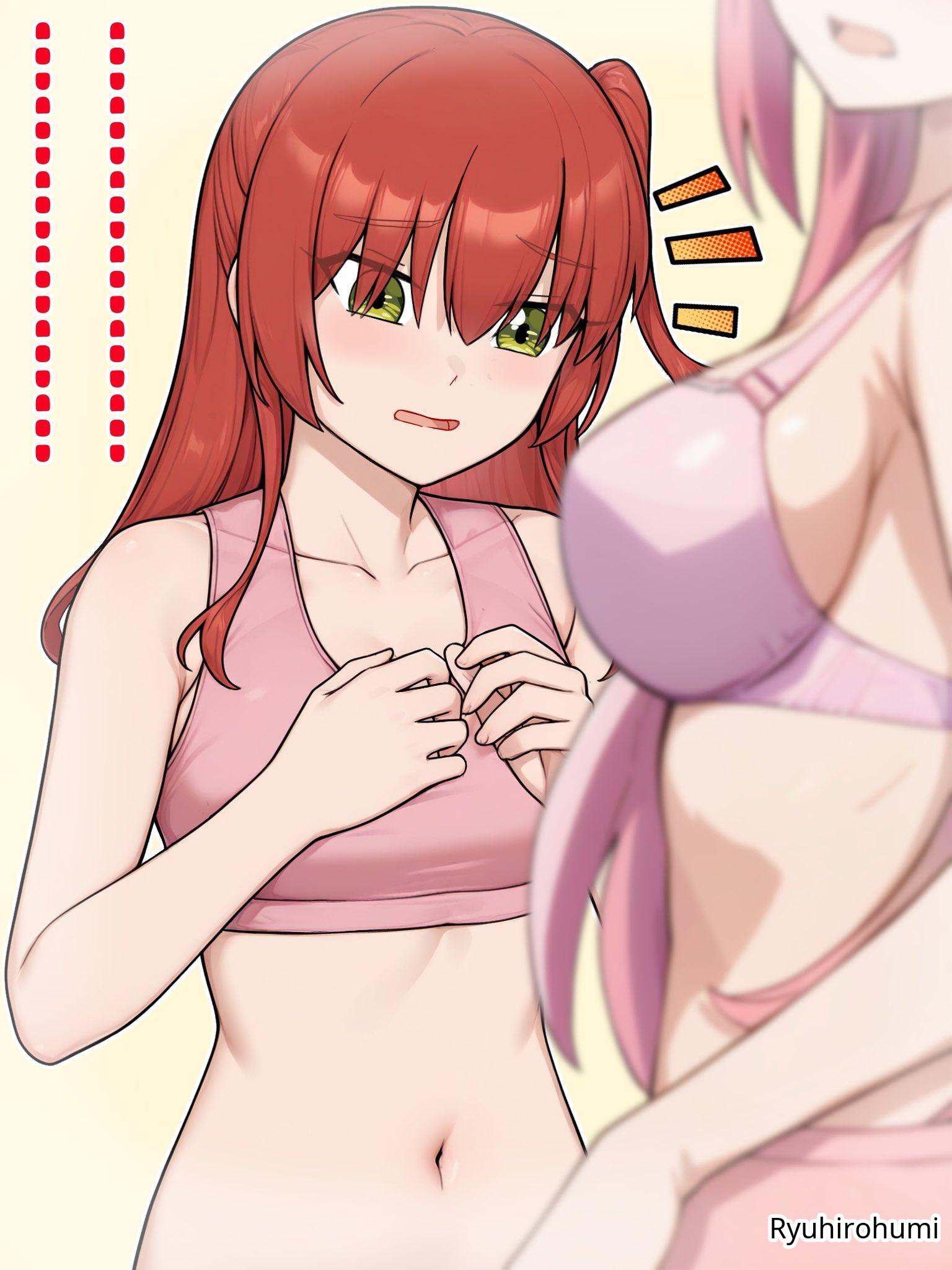 2girls asian asian_female asian_girl belly blue-eyed_female blue_eyes bocchi_the_rock! bra breasts busty busty_female busty_girl busty_teen busty_teenager eyebrows_visible_through_hair gotou_hitori green-eyed_female green_eyes guitarist hair_ornament high_school_student inframammary_fold japanese japanese_female japanese_girl kita_ikuyo large_breasts multiple_females multiple_girls one_side_up open_mouth panties parted_lips pink-haired_female pink_bra pink_hair pink_panties pink_underwear red-haired_female red_hair ryuhirohumi school_girl small_boobs small_breasts small_tits stomach teen_girl teenage_girl teenage_tits teenager tiny_breasts tiny_tits tongue underwear underwear_only young_female young_woman