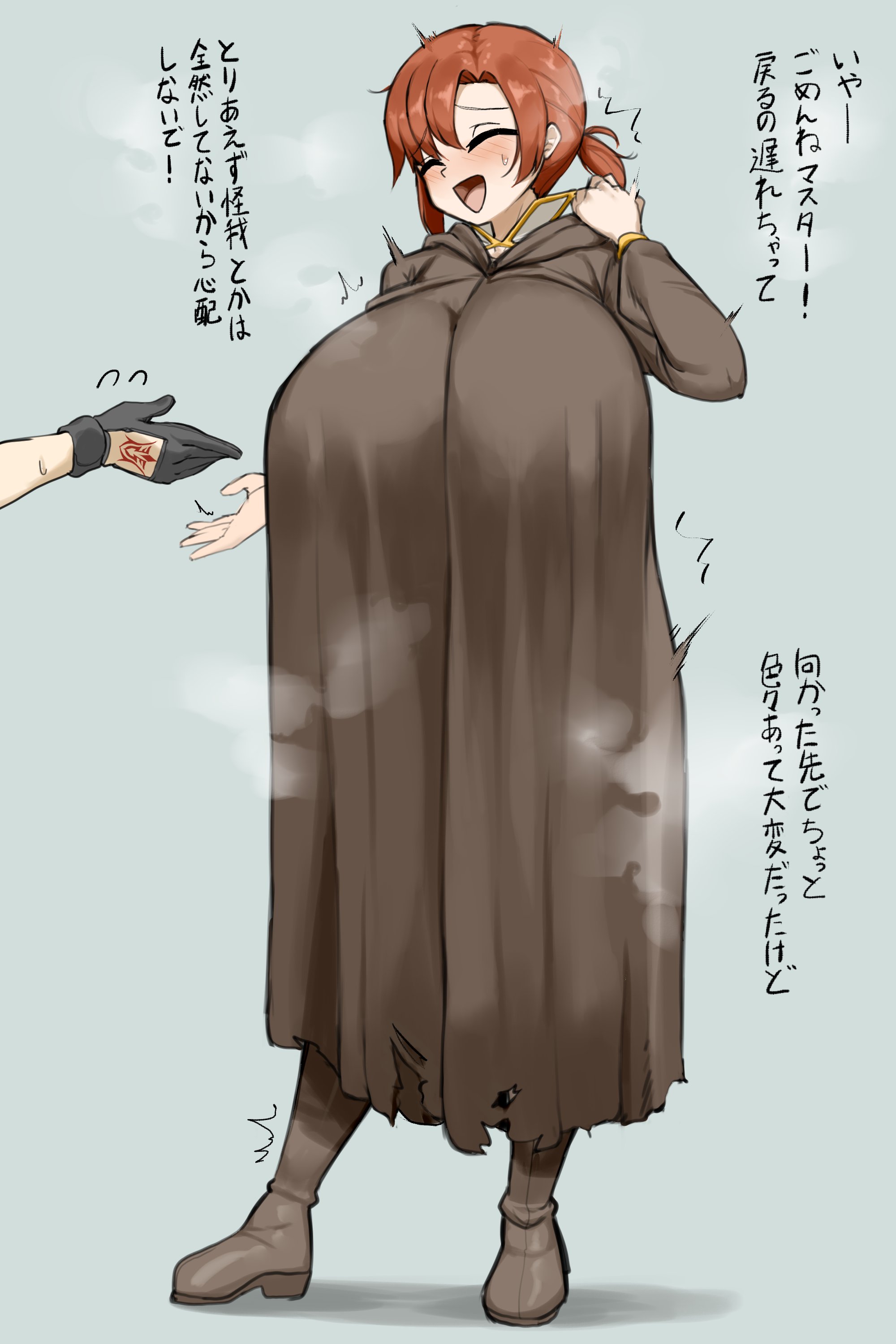 1girls, big breasts, boots, boudica (fate), command spell, curvy, fate (series), fate/grand order, female, female focus, fujimaru ritsuka (male), goma., huge breasts, japanese text, large breasts, leather boots, male out of frame, notes translation, out of frame, red hair, solo focus, stealth sex, steam, text, translated, translation check