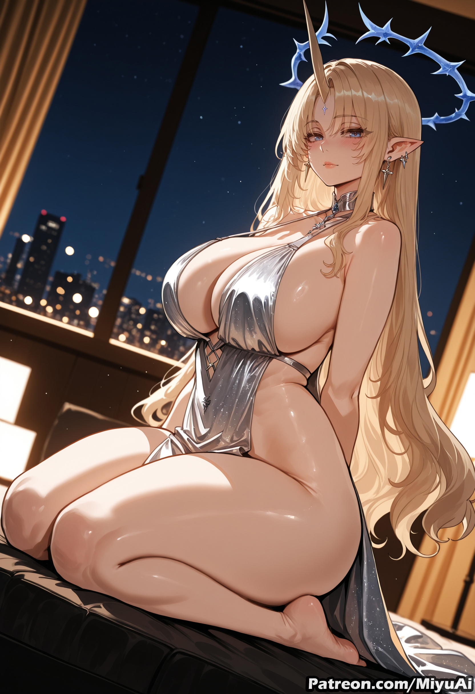 1girl, ai assisted, ai generated, artist name, bangs, bare shoulders, barefoot, blonde hair, blush, breasts, cleavage, curvaceous, curvy, curvy female, curvy figure, dress, earrings, female, fleurdelys (wuthering waves), halter dress, horns, huge breasts, jewelry, long hair, looking at viewer, mature female, milf, miyuai, night, night sky, parted bangs, pointy ears, revealing clothes, seiza, sitting, sky, solo, star (sky), starry sky, tacet mark (wuthering waves), thick, thick ass, thick butt, thick hips, thick legs, thick thighs, thighs, voluptuous, voluptuous female, wide hips, wide thighs, wuthering waves