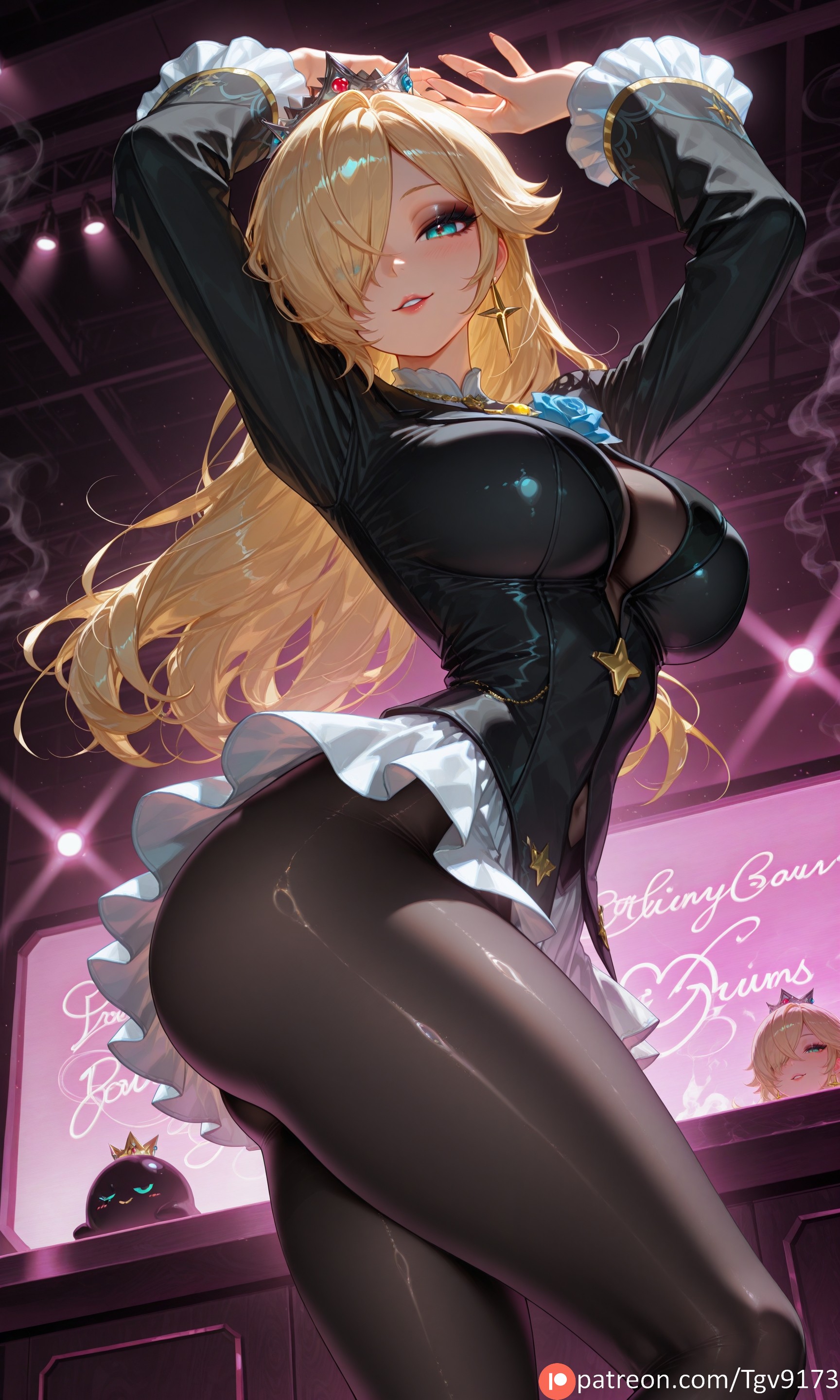 1girl, ai generated, alternate breast size, alternate breastsize(larger), alternate costume, arms up, ass, bangs, blonde hair, blue eyes, blush, breasts, cleavage, club, commission, commission art, commissions open, corruption, cosplay, crown, earrings, flower, frilled sleeves, frills, hair over one eye, highres, image, image sample, image set, jewelry, large breasts, lips, long hair, long sleeves, looking at viewer, mario (series), mario bros, more at source, nintendo, pantyhose, parted lips, patreon, pixiv, pixiv commission, pixiv link, pixiv sample, princess, princess rosalina, provocative, revealing clothes, rosalina, rose, self upload, shiny, shiny clothes, skirt, smile, solo, sparkle, standing, star earrings, super mario bros., super mario galaxy, tgv9173, thighs, tiara, white skirt, yixuan (zenless zone zero)