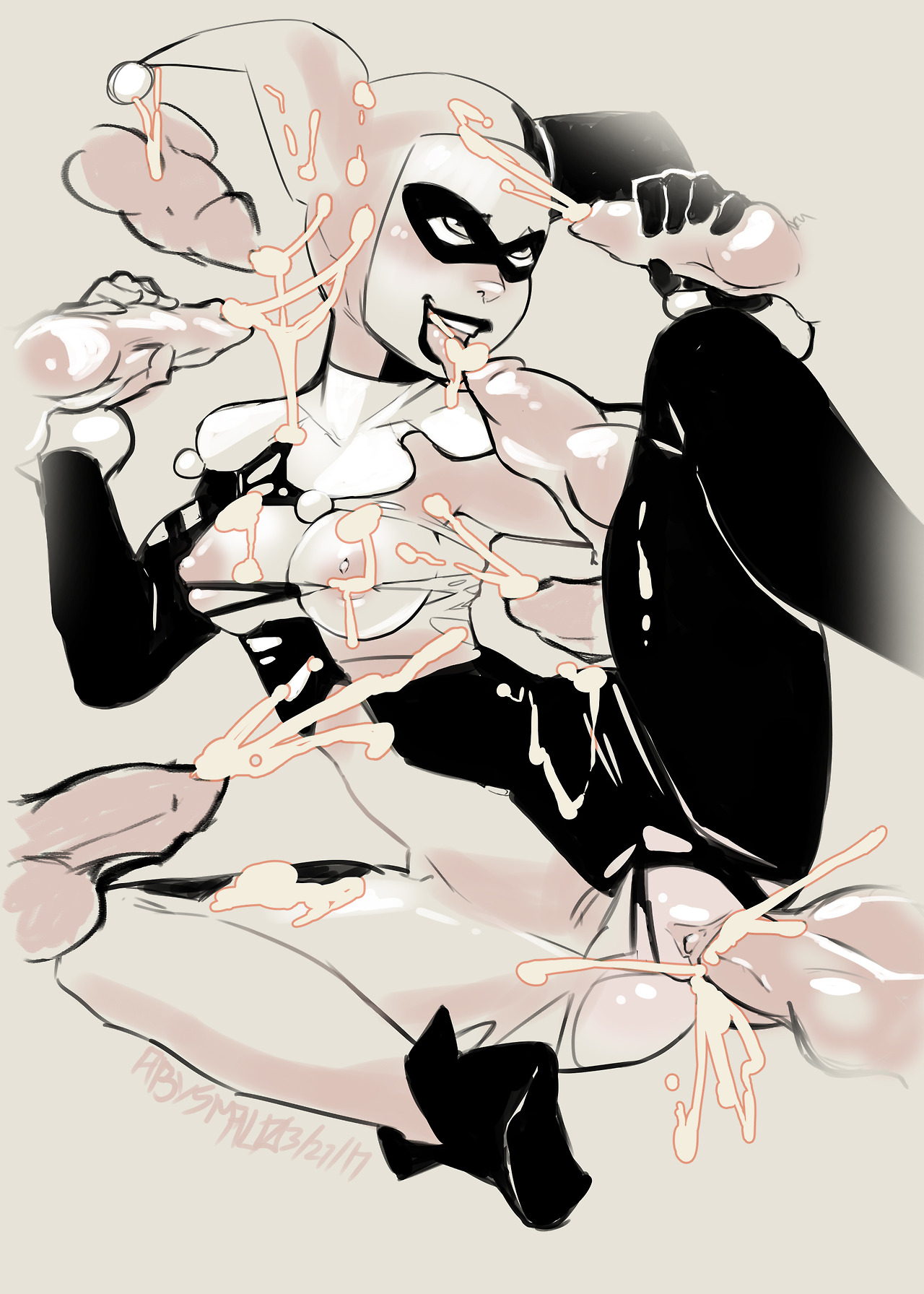 1girls, 2d, abysmal0, animal genitalia, artist name, balls, batman (series), batman: the animated series, big penis, bodysuit, breasts, cap, color, costume, cum, cum in pussy, cum inside, cum leaking, cum on body, cum on clothes, cum on legs, cum on lower body, cum on upper body, dated, dc, dc comics, dcau, disembodied penis, dog, domino mask, excessive cum, facial, female, female focus, harley quinn, harley quinn (classic), hat, highres, hourglass figure, human, human penetrated, jester cap, jester costume, knot, looking pleasured, loving it, magic penis, male, mask, medium breasts, monochrome, multiple penises, narrow waist, narrowed eyes, nipples, open mouth, orgasm face, penis, plump labia, pussy, shoes, signature, simple background, skinny, smile, spread legs, stretched pussy, thick penis, tight pussy, tongue, tongue out, torn clothes, uniform, vaginal penetration, wide hips, zoophilia