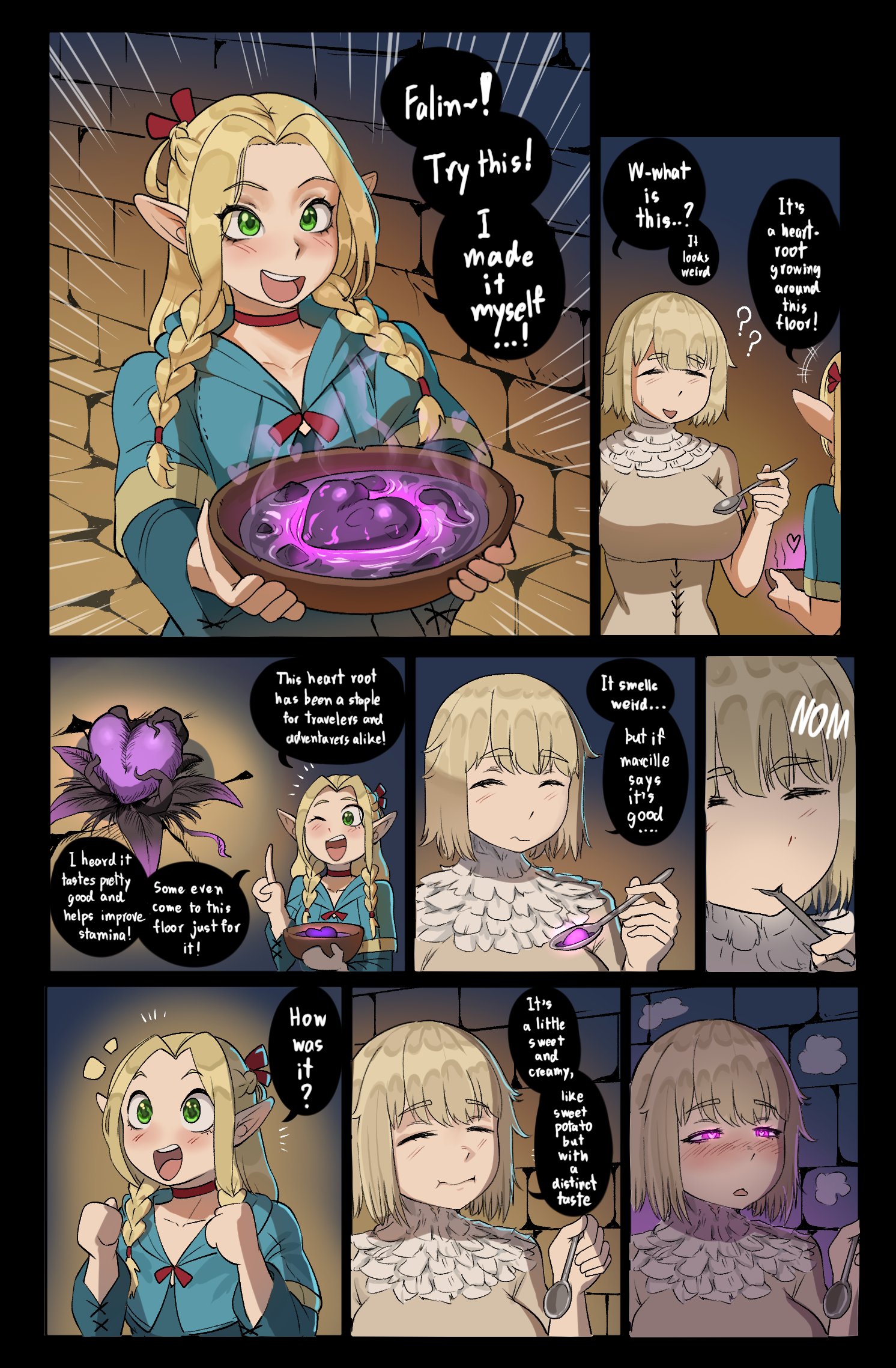 1futa, 1girls, 2d (artwork), aphrodisiac, blonde hair, closed eyes, comic page, dungeon meshi, eating food, elf ears, elf female, falin touden, green eyes, happy female, human female, love potion, marcille donato, pink eyes, rajahdark, soup
