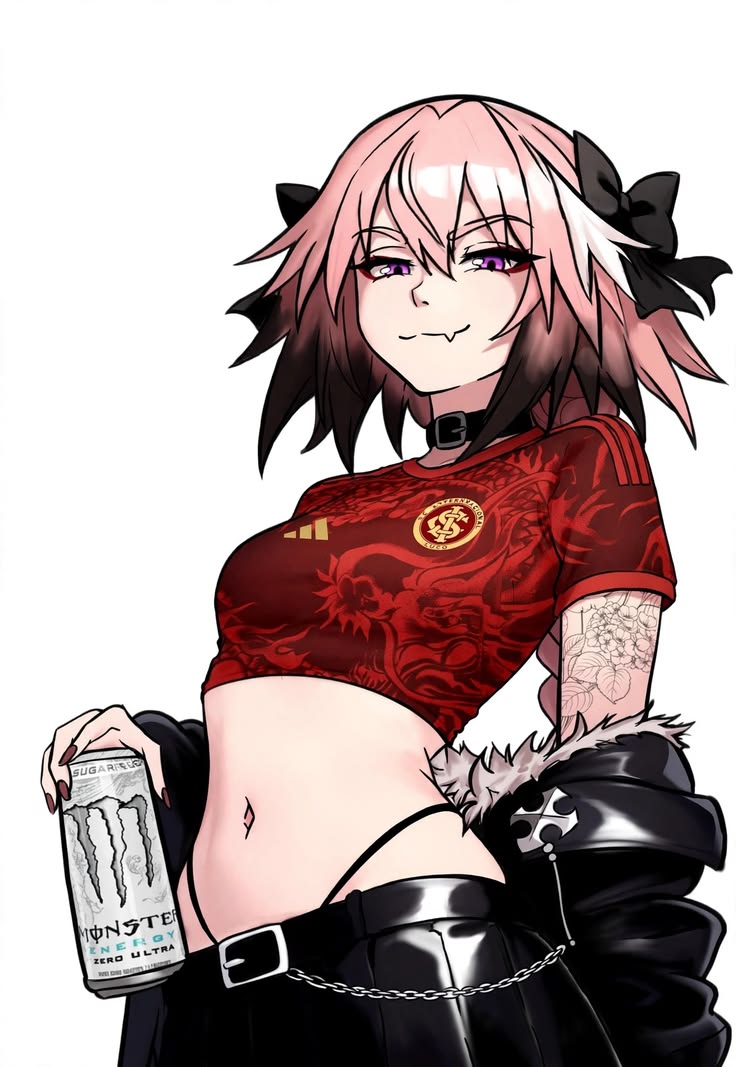 1boy, 1femboy, astolfo (fate), astolfo (fate/apocrypha), astolfo (saber) (fate), astolfo (sailor paladin) (fate), belly, belly button, boy, choker, collar, drink, fate (series), fate/apocrypha, fate/grand order, fate/stay night, femboy, goth, goth fashion, gothic, looking at viewer, monster drink, pink eyes, pink hair, smile, whale tail