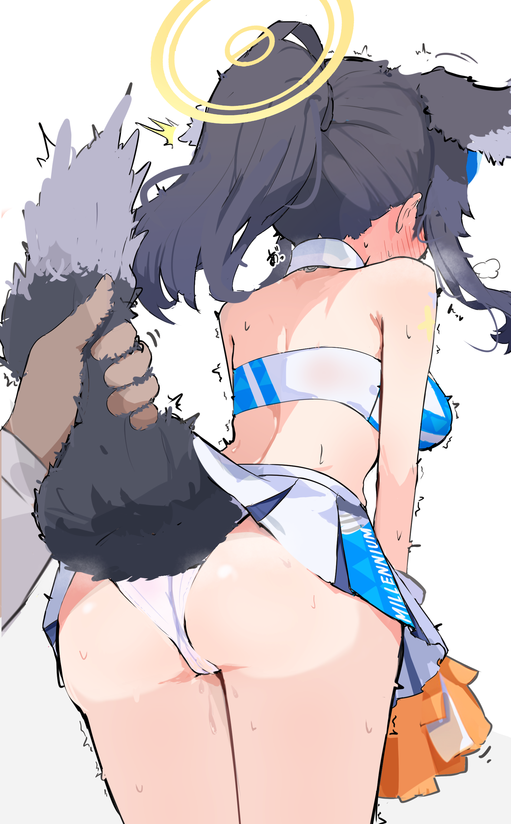 1boy, 1girls, ass, blue archive, blush, dog girl, from behind, halo, hibiki (blue archive), hibiki (cheer squad) (blue archive), hibiki (cheerleader) (blue archive), medium breasts, pussy juice, pussy juice drip, solo focus, sweat, tagme, tail grab, white panties