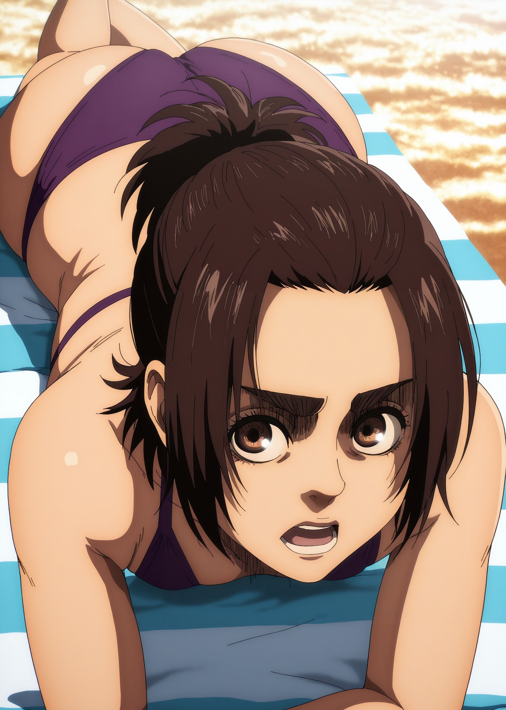 ai generated, ass, attack on titan, beach, bikini, brown eyes, brown hair, gabi braun, looking at viewer, lying on stomach, miaau, petite, purple bikini, shingeki no kyojin, small breasts, sunlight, young, younger female