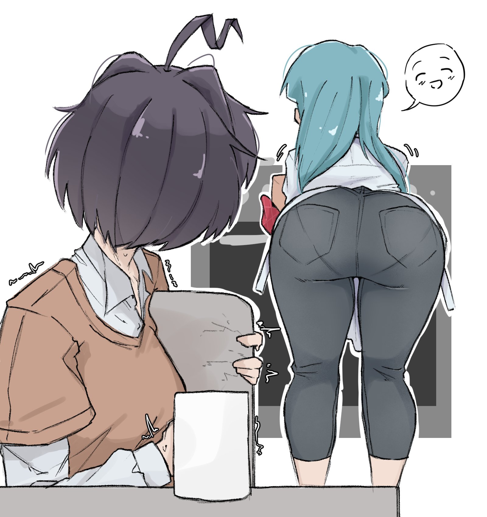 2girls, ahoge, ass, bad id, bad twitter id, baking, bending over, bent over, black hair, blue hair, breasts, denim, drooling, female pervert, gripping, highres, hiiragi utena, jeans, kitchen, leaning forward, long hair, long sleeves, looking at another, looking at ass, mahou shoujo ni akogarete, medium breasts, minakami sayo, multiple girls, oblivious, pants, pantylines, pervert, short hair, simple background, staring, staring at another, staring at ass, unaware, underwear outline, yuri, zlix0n