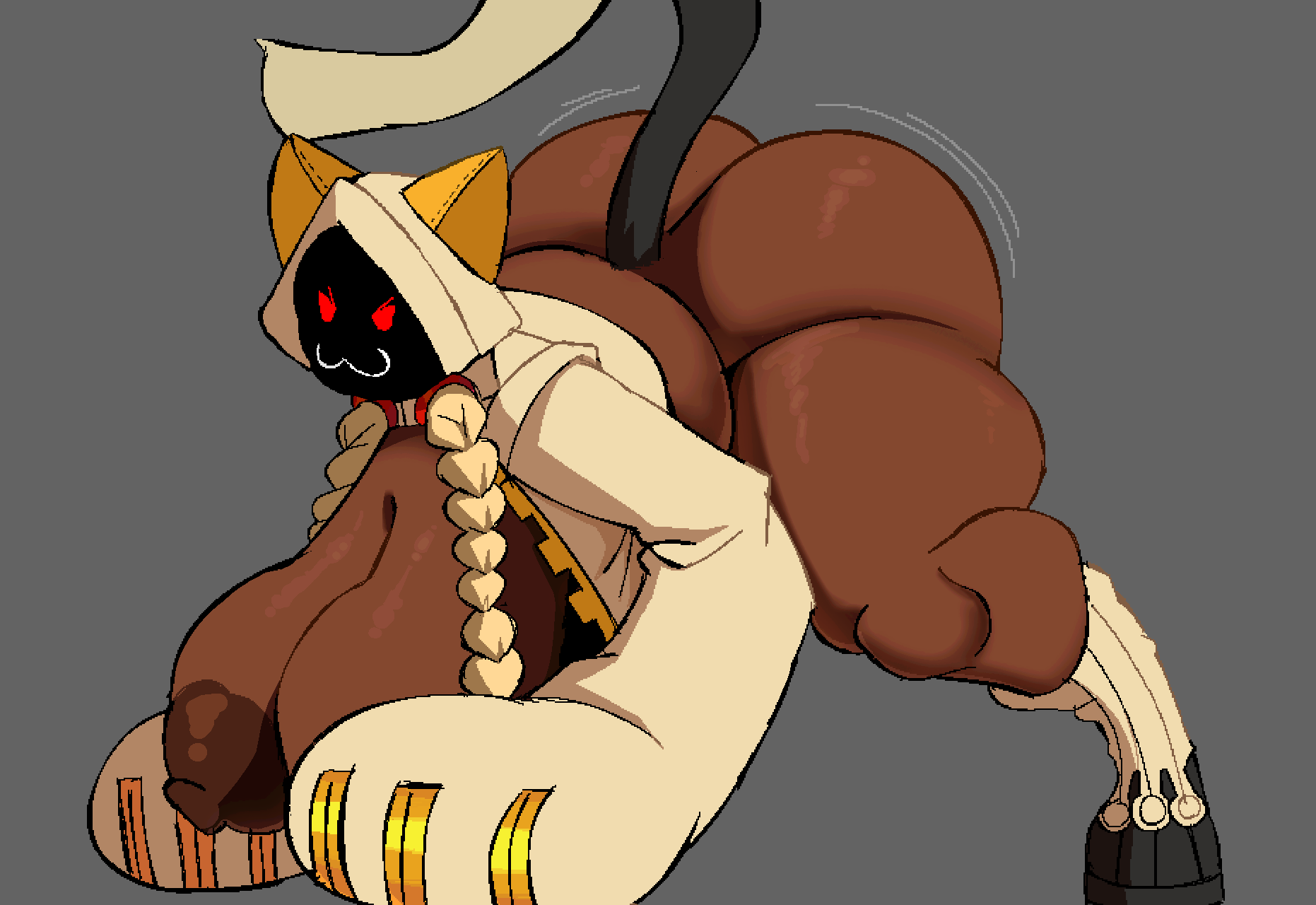 :3, 1girl, 1girls, all fours, animal humanoid, animal tail, arc system works, areola, areolae, ass, ass focus, ass up, ass wobble, big ass, big breasts, black body, black fur, black skin, blazblue, bodily fluids, breasts, bubble ass, bubble butt, butt, butt up, cat humanoid, cat smile, cellulite, clothing, dark body, dark skin, dipstick tail, felid, felid humanoid, feline, feline humanoid, female, footwear, fur, furry, grey background, grey clothing, grey footwear, grey shoes, hi res, hoodie, huge ass, huge breasts, huge butt, humanoid, kaka (blazblue), mammal, mammal humanoid, markings, movement, movement lines, red eyes, ribznsfw, sharp teeth, shoes, simple background, smile, smiling, smiling at viewer, solo, solo female, sweat, tail, tail markings, tan body, tan clothing, tan fur, tan hoodie, tan socks, tan topwear, taokaka, teeth, thick thighs, topwear, wide hips, wobble, wobbling, wobbling ass, wobbling butt