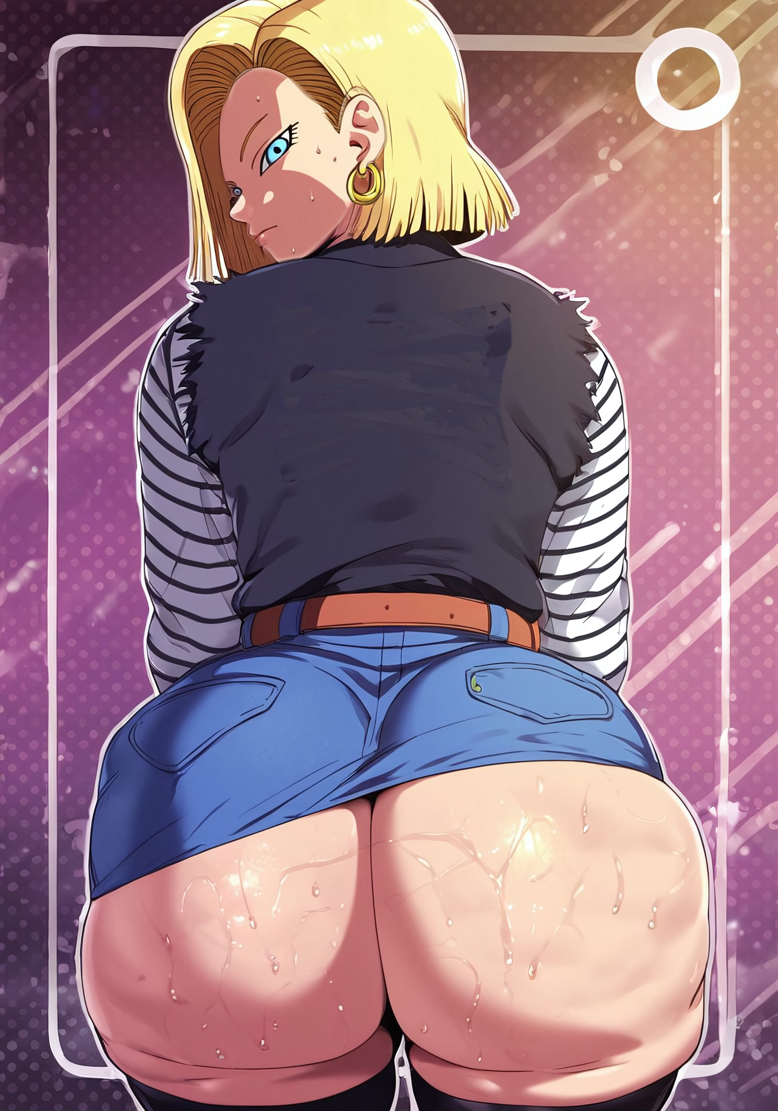 ai generated, android, android 18, ass, ass hanging out, big ass, big butt, blonde, blonde female, blonde hair, blue eyes, bubble ass, bubble butt, bursting butt, curvy female, denim, denim clothing, dragon ball, dragon ball z, earrings, female, huge ass, huge butt, looking back, massive ass, massive butt, short hair, skirt, slightly chubby, slightly chubby female, straining clothing, sweat, sweaty ass, thick ass, thick butt, thick thighs, tight clothing, tight jeans, tight skirt, undersized clothes, undersized clothing, wide hipped female, wide hips, zeca997